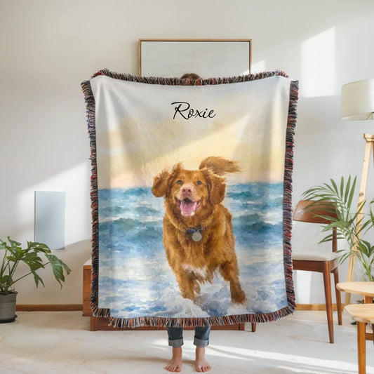 Watercolor Pet Scene and Name Blanket - Personalized Custom Throw Blanket Made from Photo of Your Dog or Cat Pet