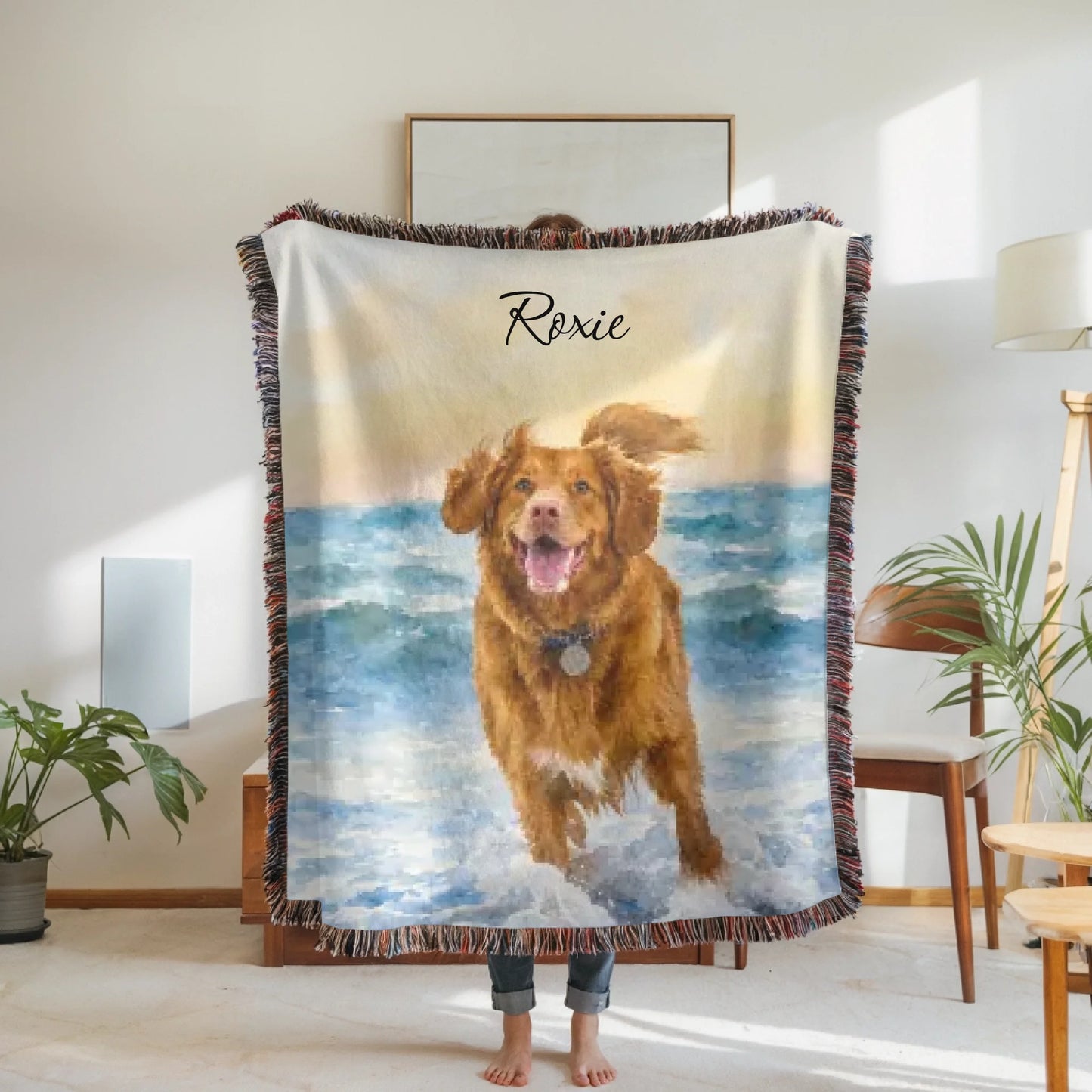 Woven Blanket Woman Holding for use as mockup within TeeinBlue-Background