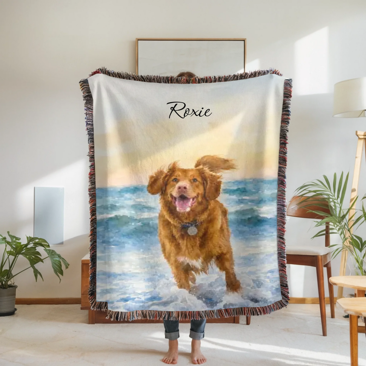 Woven Blanket Woman Holding for use as mockup within TeeinBlue-Background