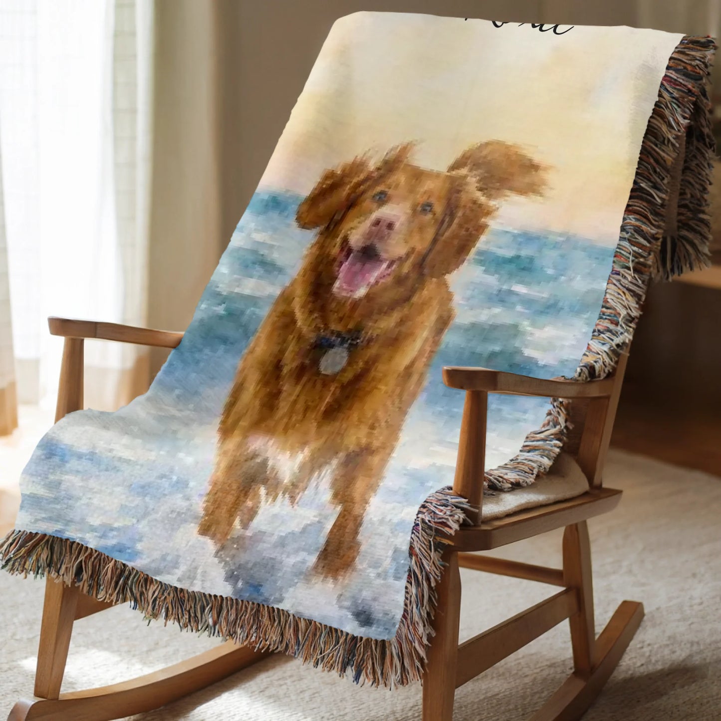 Watercolor Pet Scene and Name Blanket - Personalized Custom Throw Blanket Made from Photo of Your Dog or Cat Pet