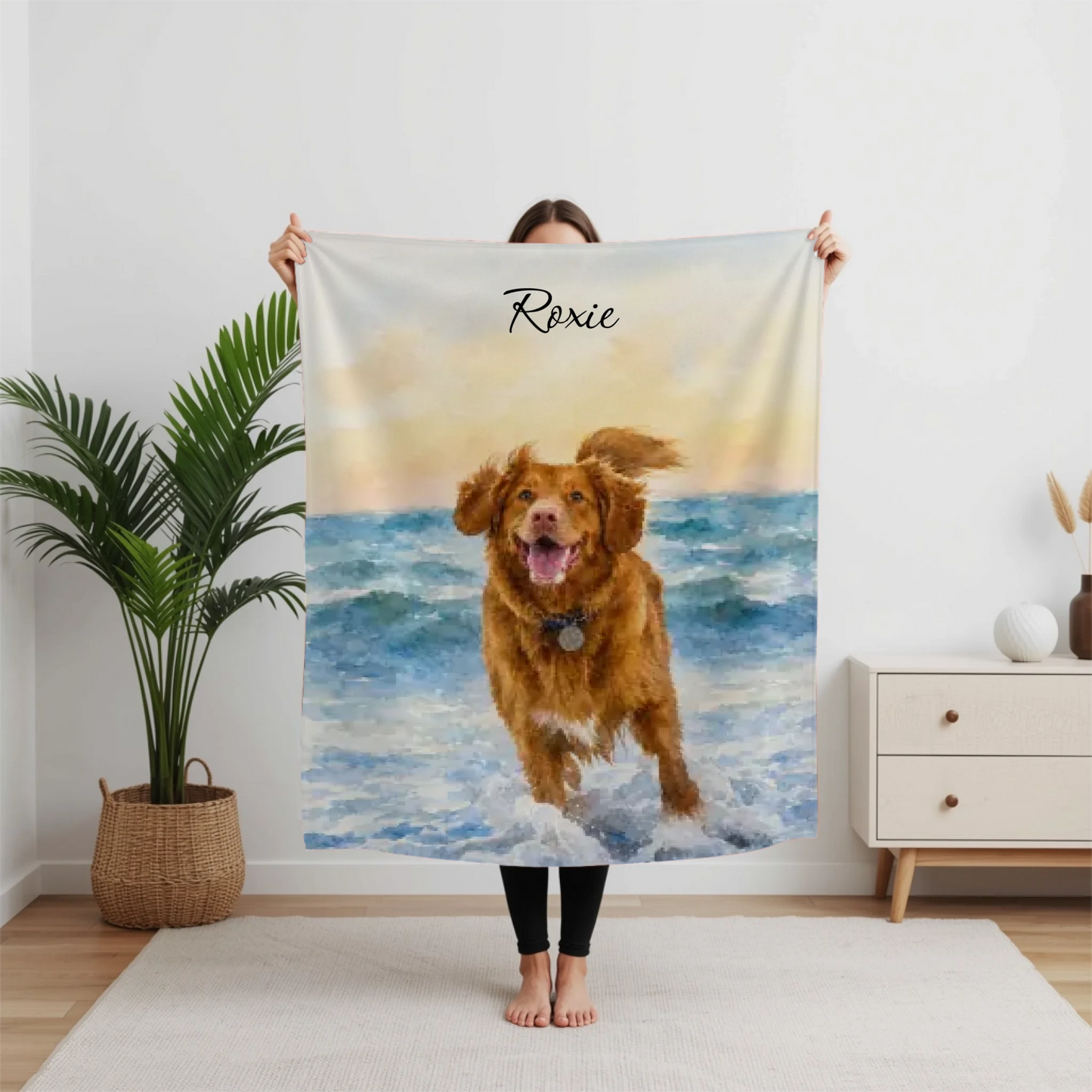 Watercolor Pet Scene and Name Blanket - Personalized Custom Throw Blanket Made from Photo of Your Dog or Cat Pet