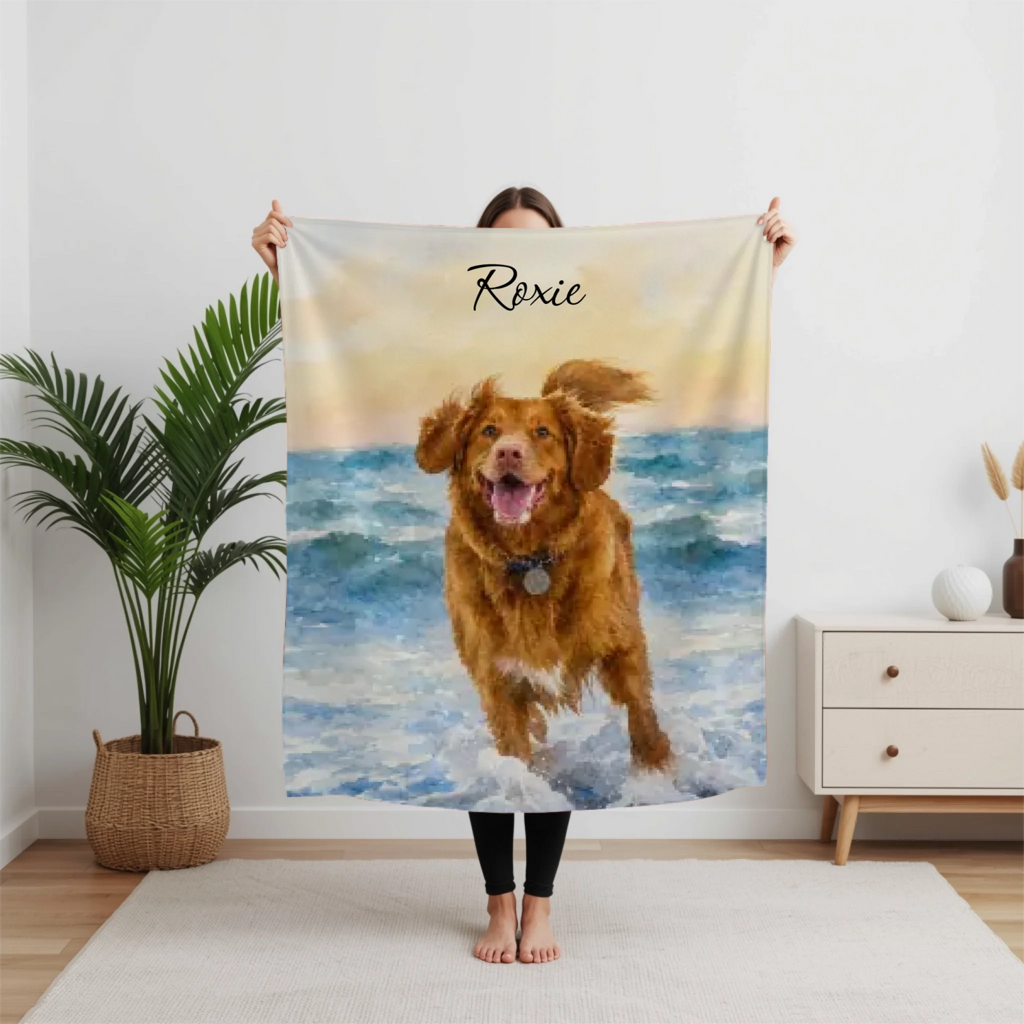 Watercolor Pet Scene and Name Blanket - Personalized Custom Throw Blanket Made from Photo of Your Dog or Cat Pet