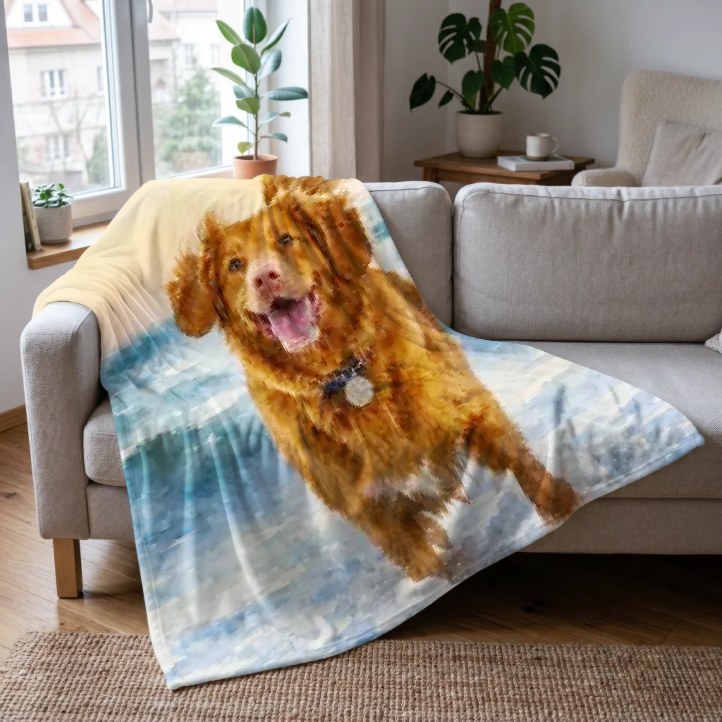 Watercolor Pet Scene and Name Blanket - Personalized Custom Throw Blanket Made from Photo of Your Dog or Cat Pet
