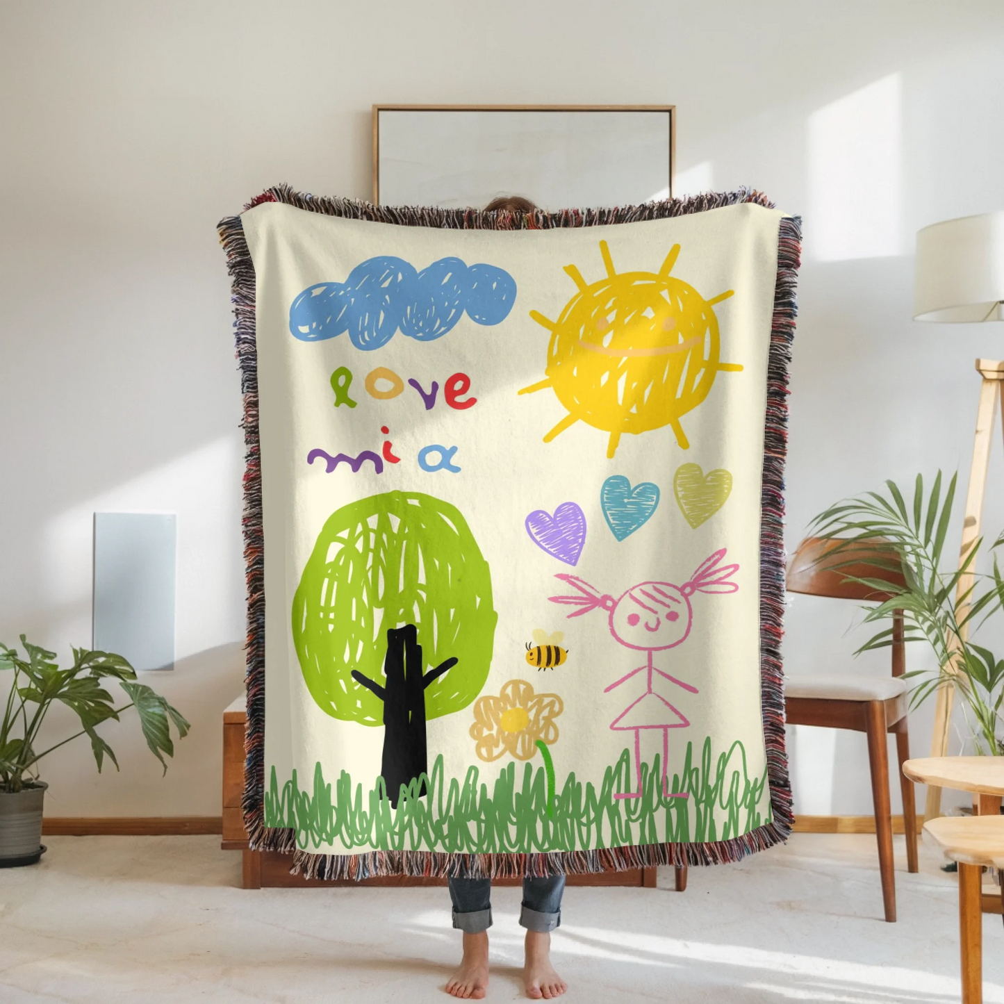 Woven Blanket Woman Holding for use as mockup within TeeinBlue-Background