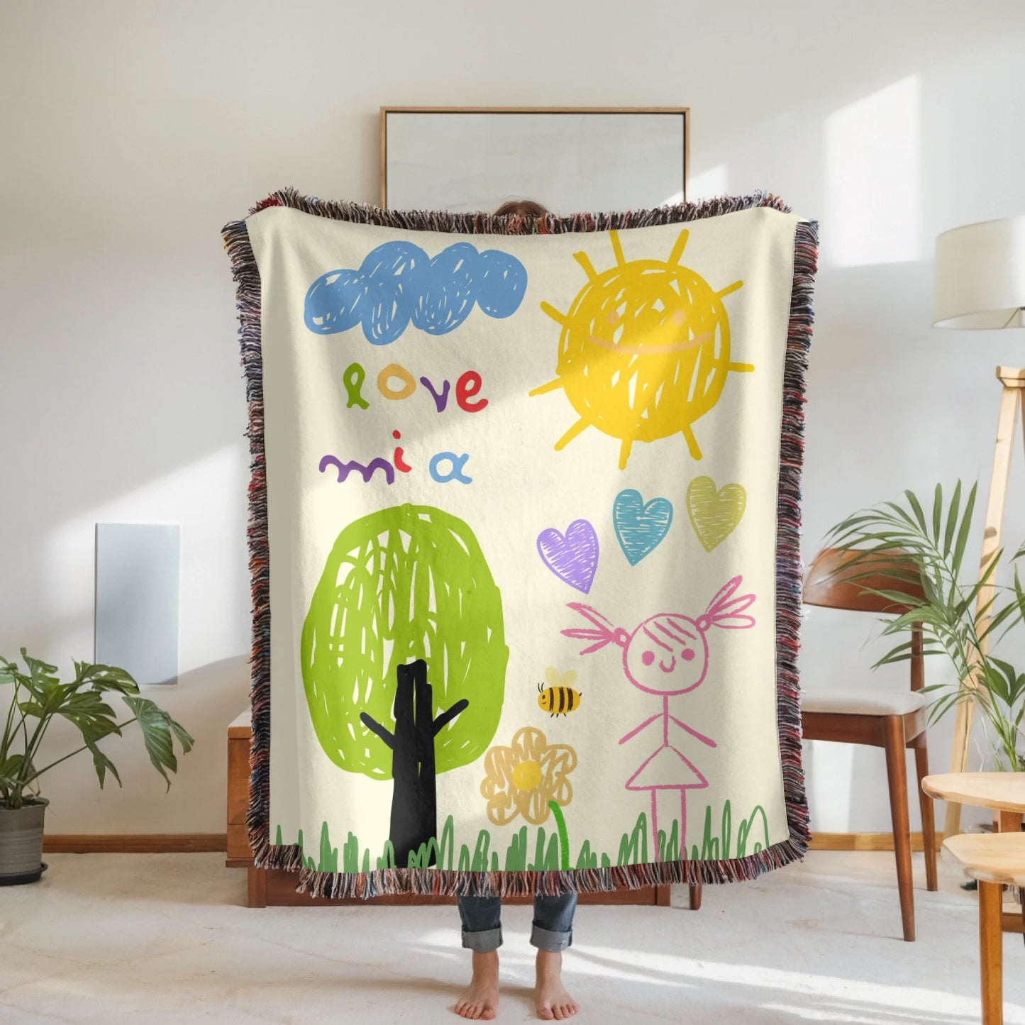 Woven Blanket Woman Holding for use as mockup within TeeinBlue-Background