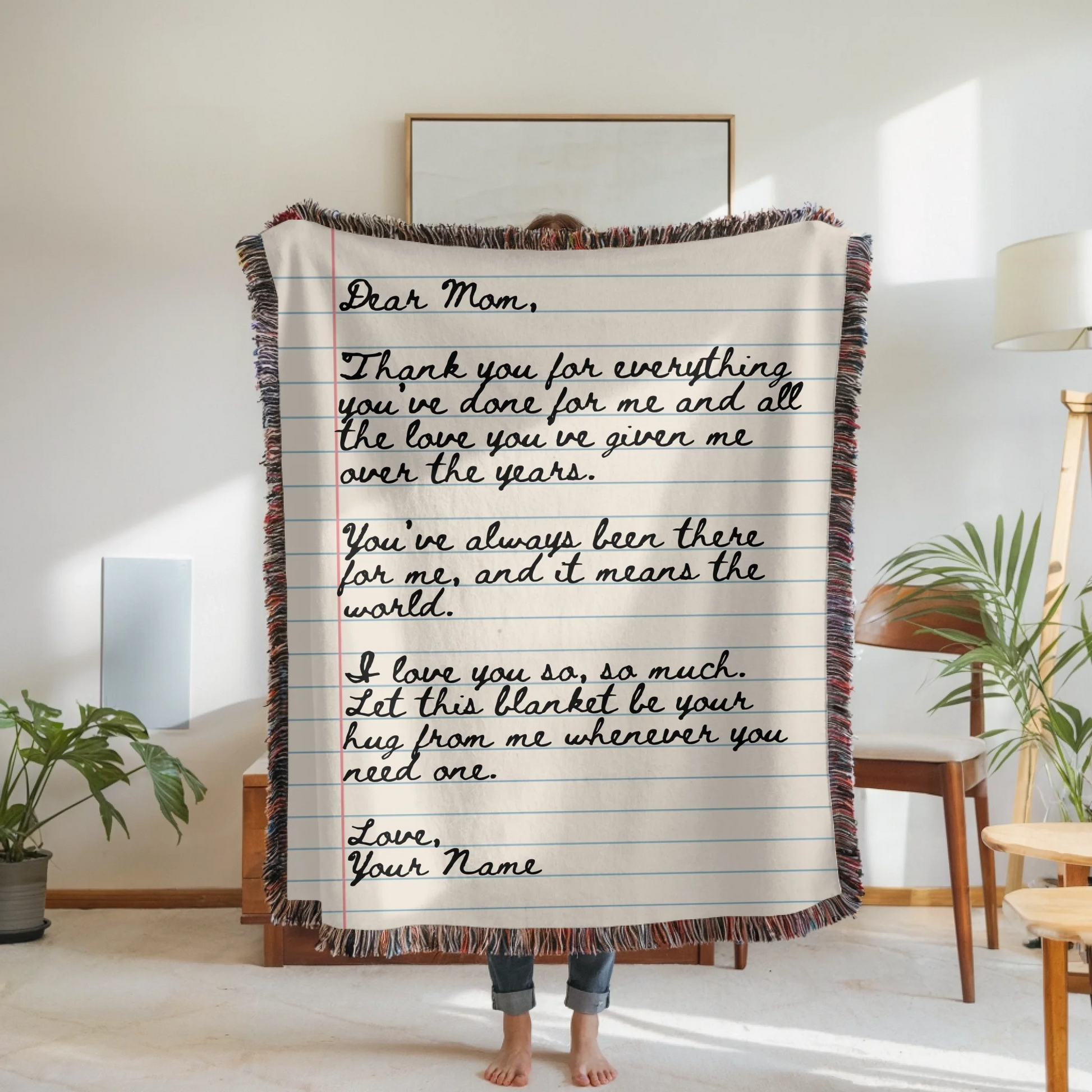 Woven Blanket Woman Holding for use as mockup within TeeinBlue-Background