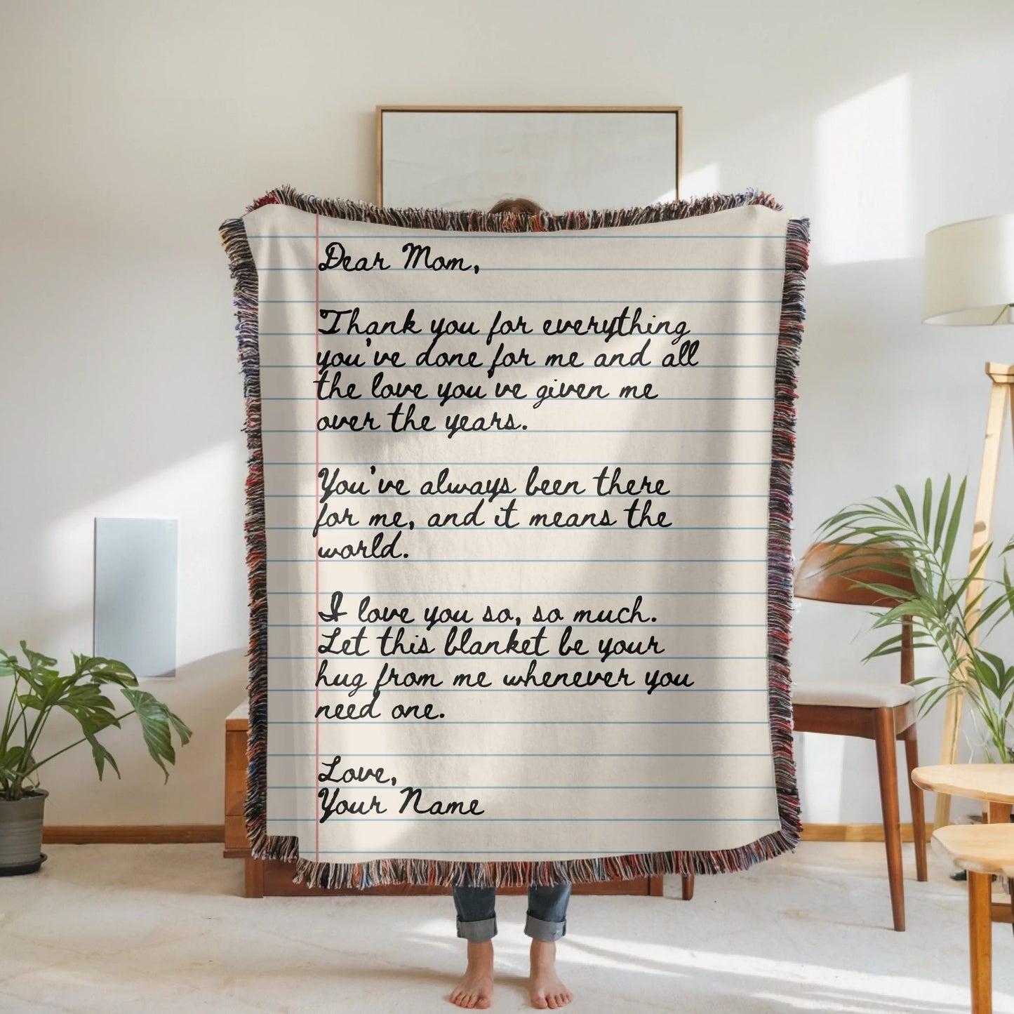 Woven Blanket Woman Holding for use as mockup within TeeinBlue-Background