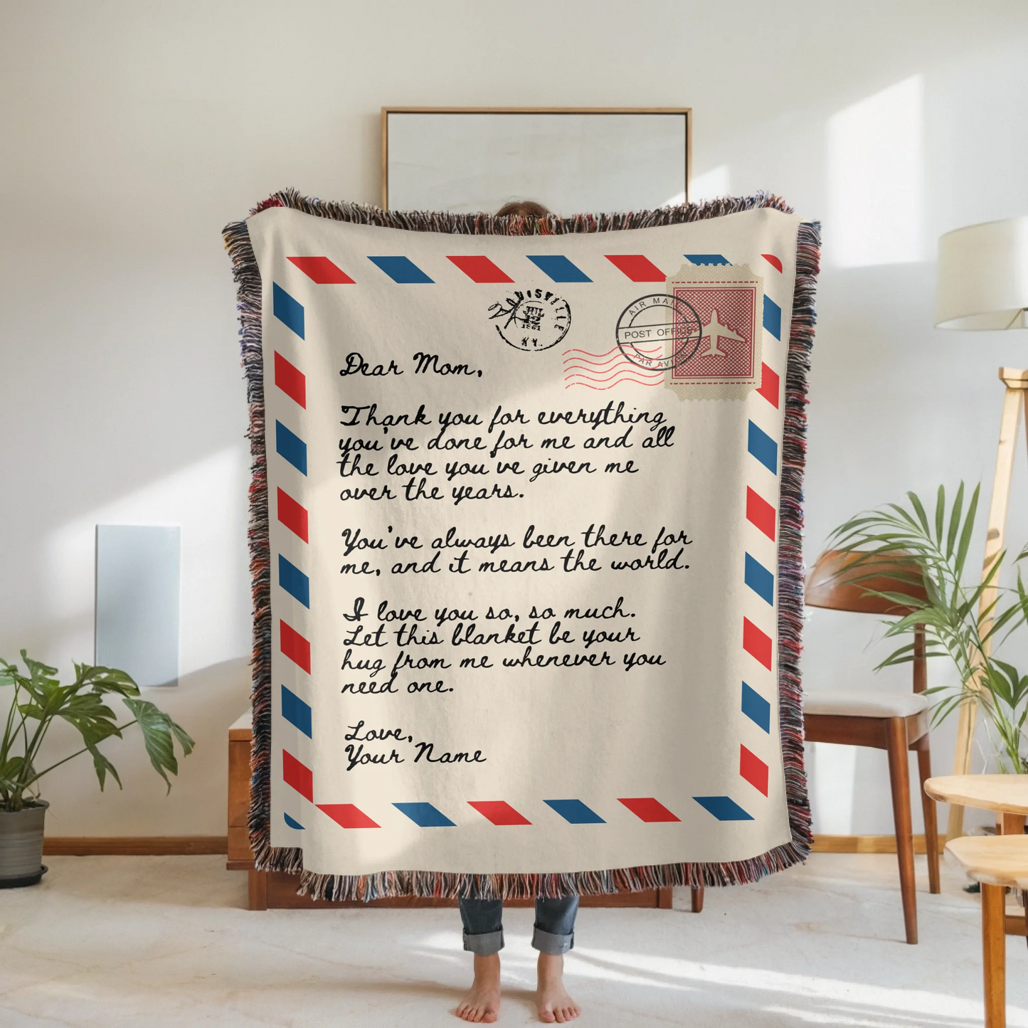 Woven Blanket Woman Holding for use as mockup within TeeinBlue-Background