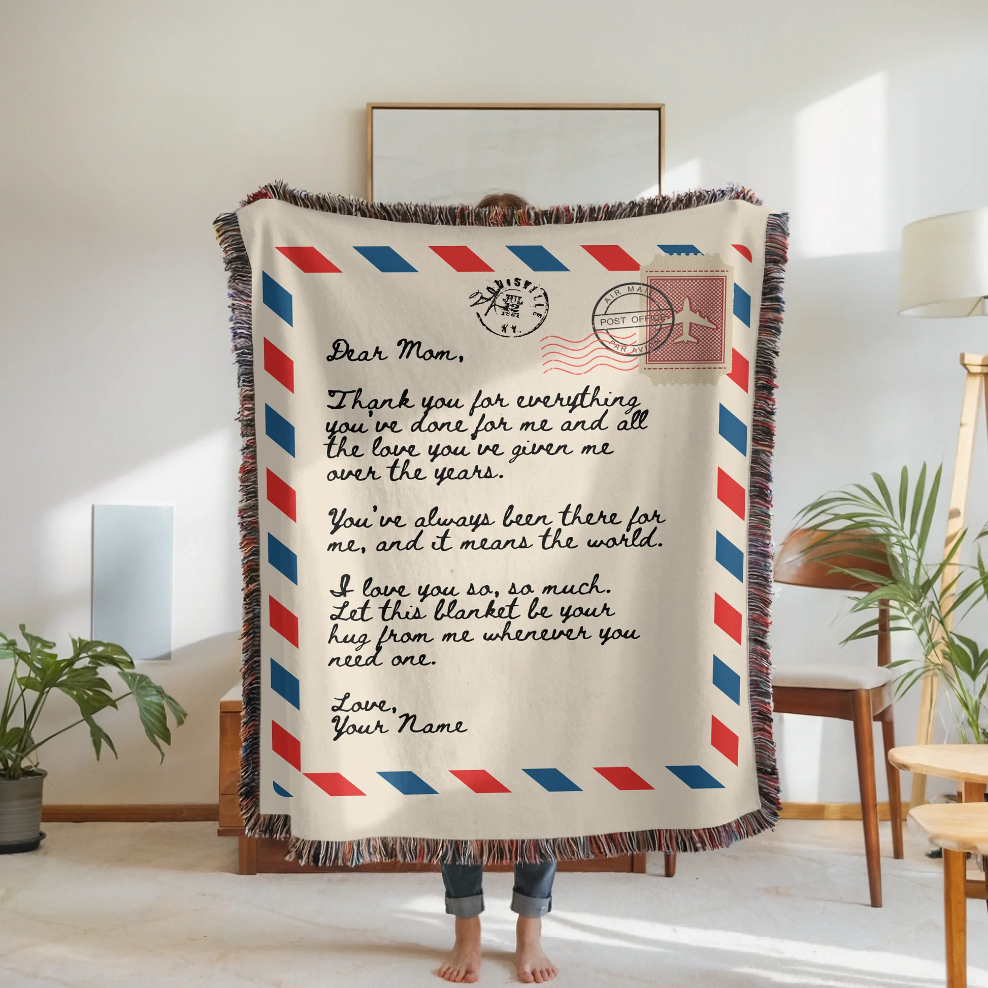 Woven Blanket Woman Holding for use as mockup within TeeinBlue-Background