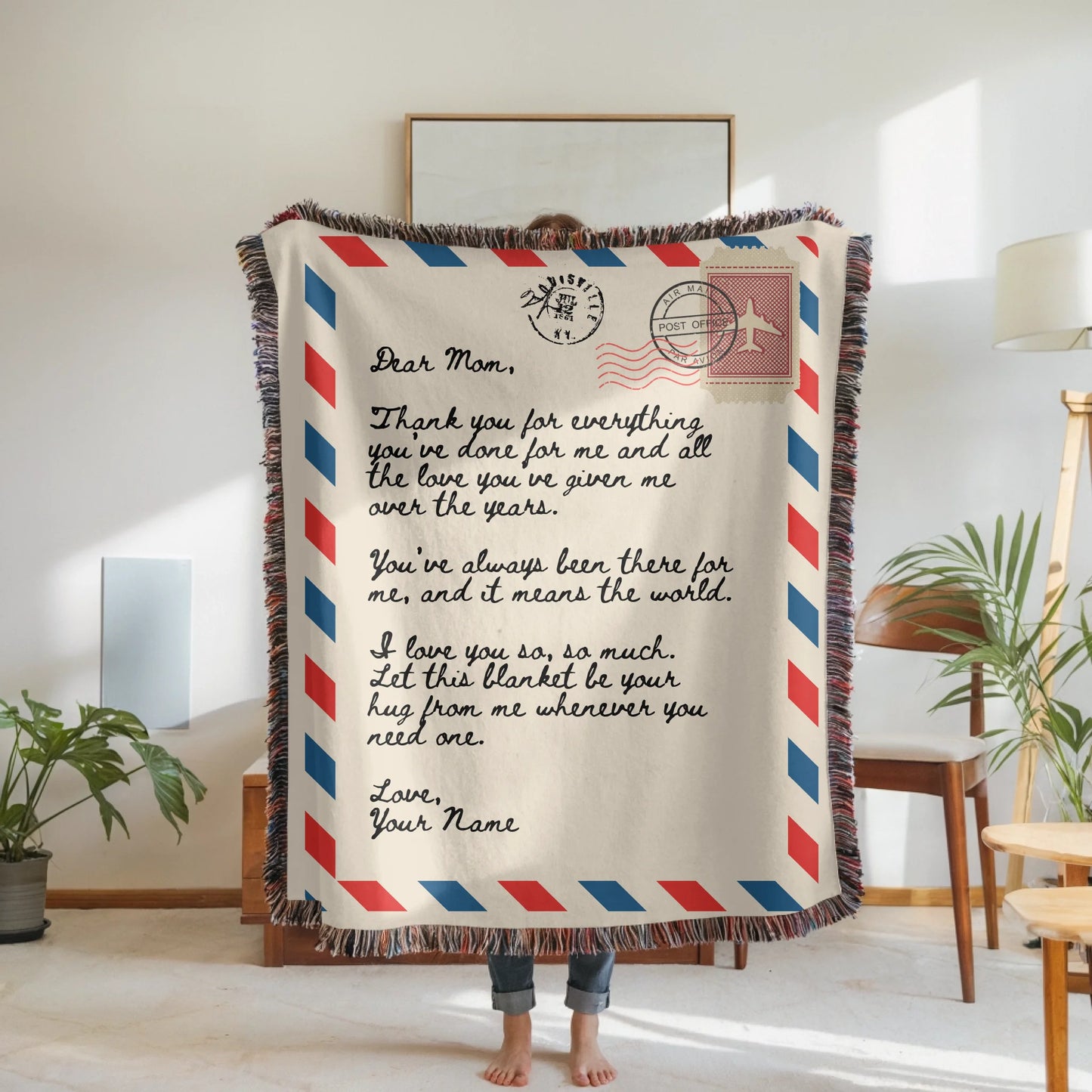 Woven Blanket Woman Holding for use as mockup within TeeinBlue-Background