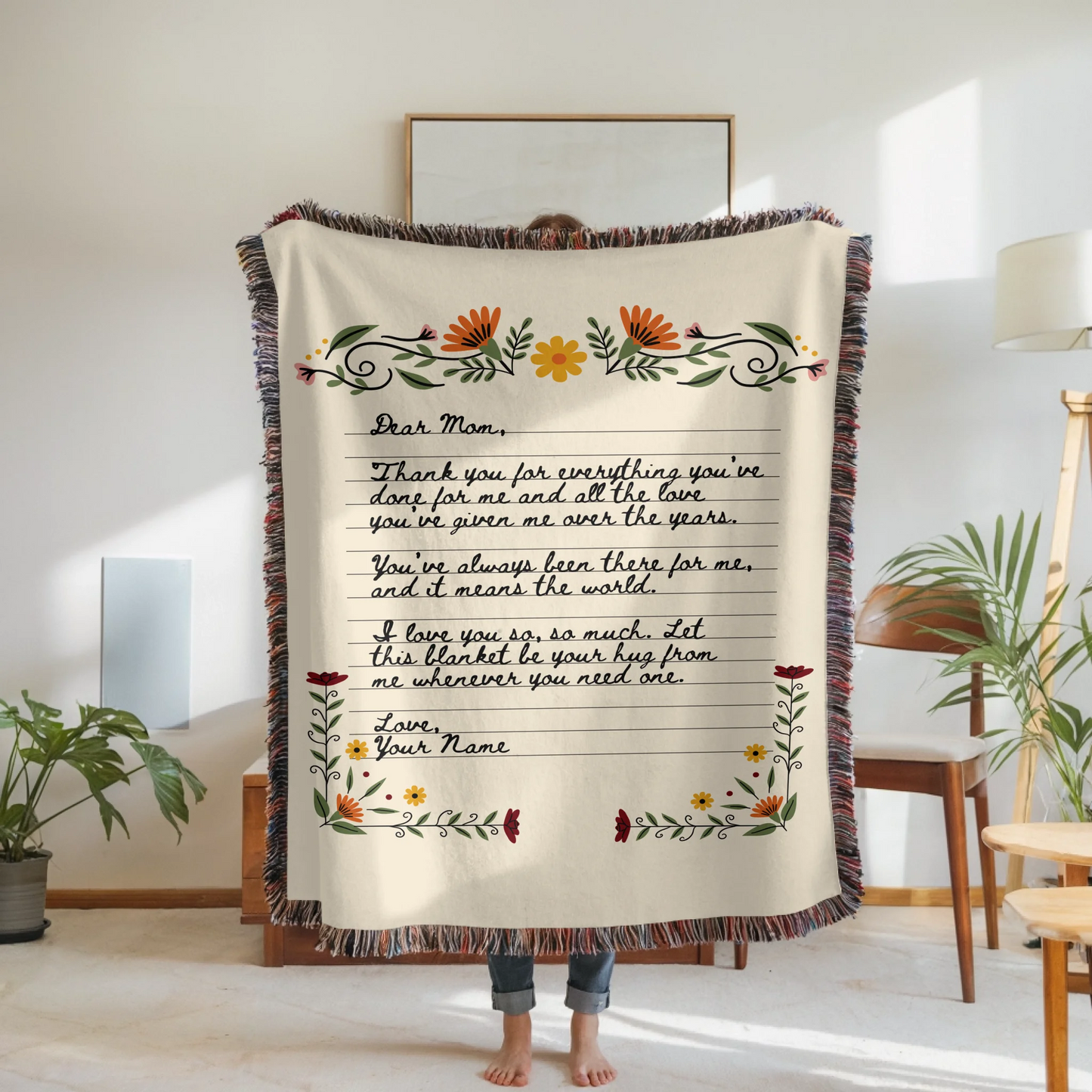 Woven Blanket Woman Holding for use as mockup within TeeinBlue-Background