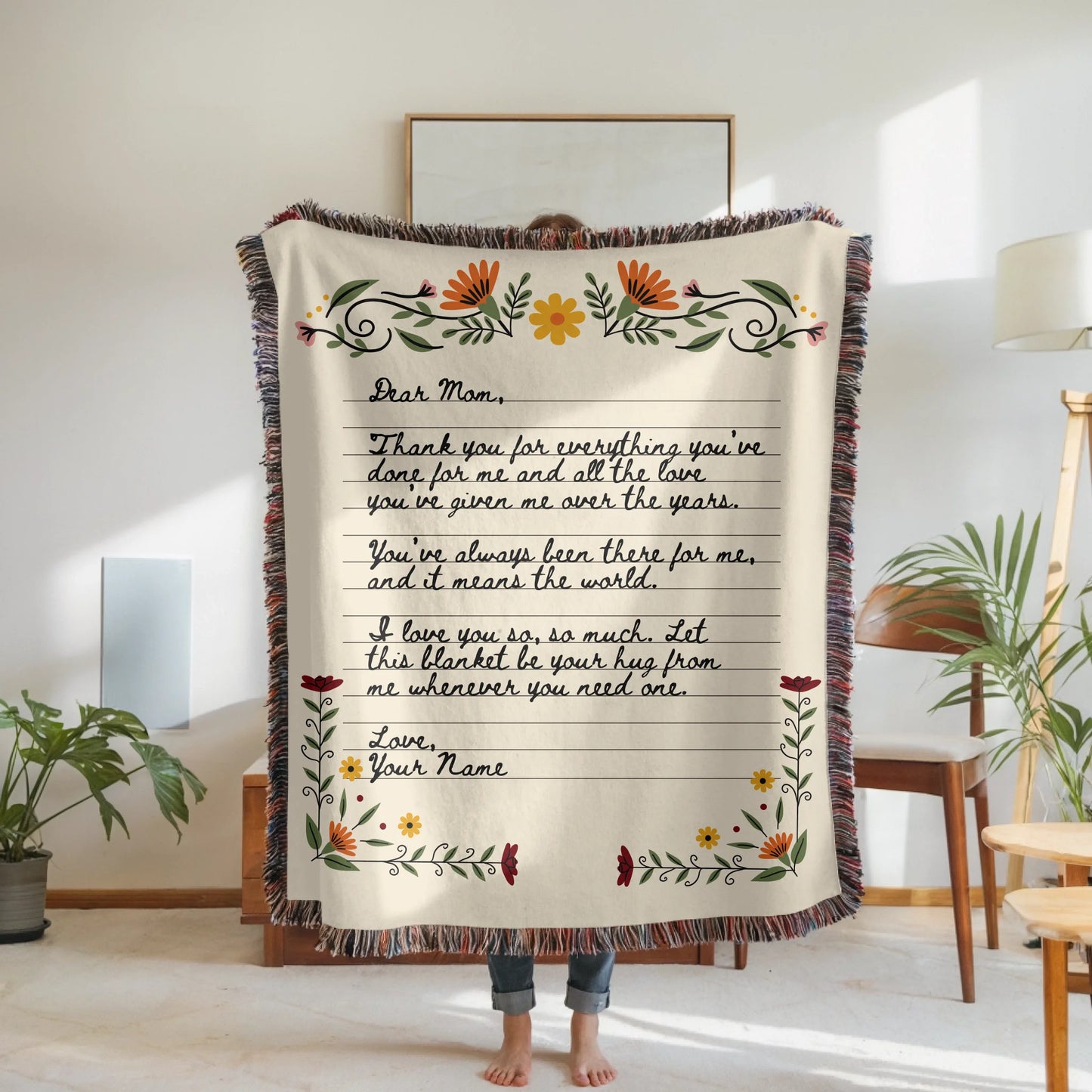 Woven Blanket Woman Holding for use as mockup within TeeinBlue-Background