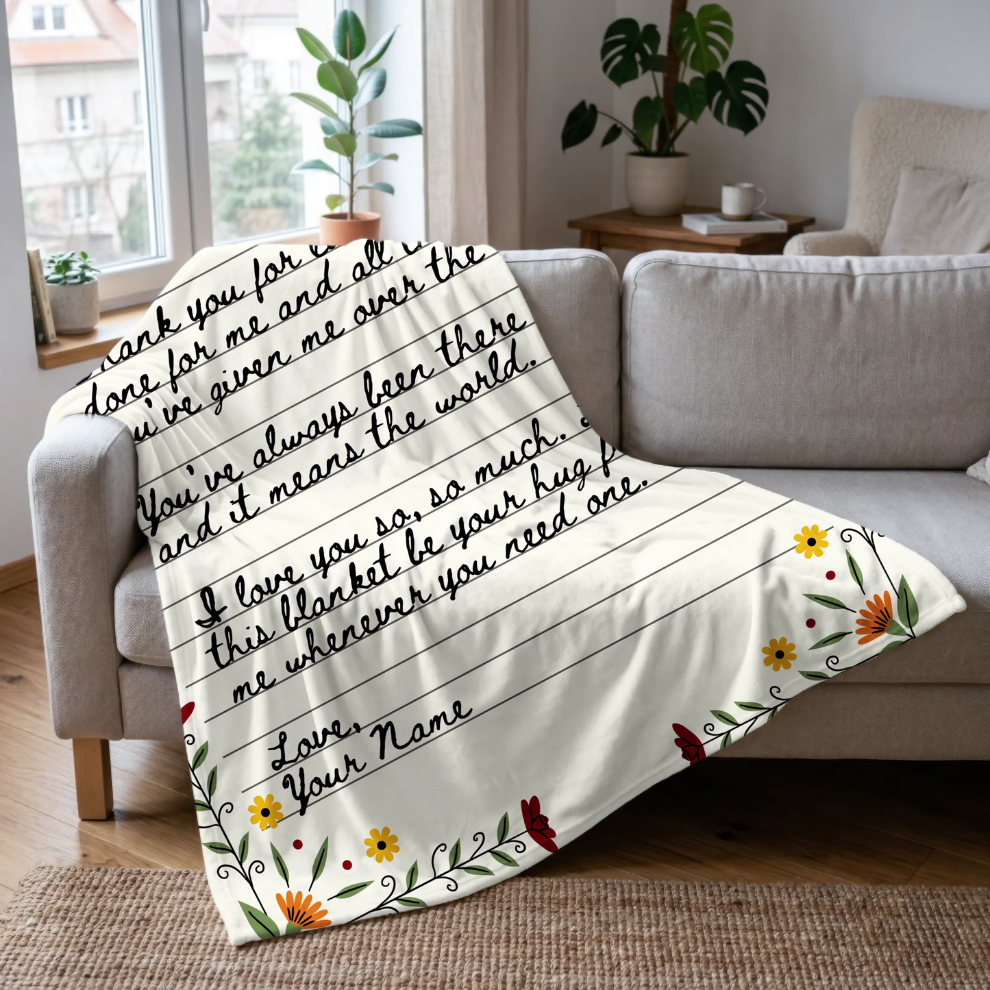 Personalized Love Letter on Vintage Floral Notepaper Blanket – Custom Handwriting Letter Art, Emotional Gift copy