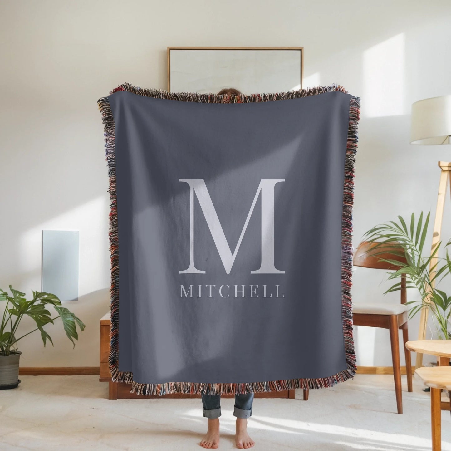Woven Blanket Woman Holding for use as mockup within TeeinBlue-Background
