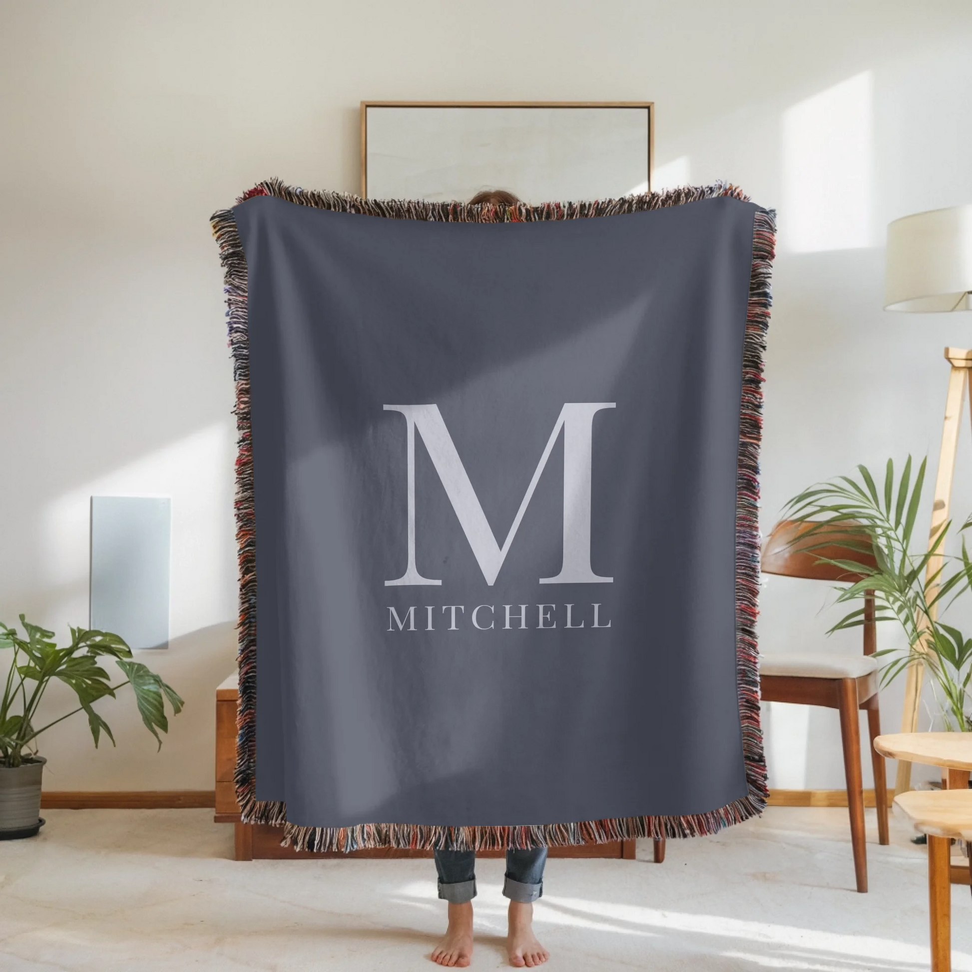 Woven Blanket Woman Holding for use as mockup within TeeinBlue-Background