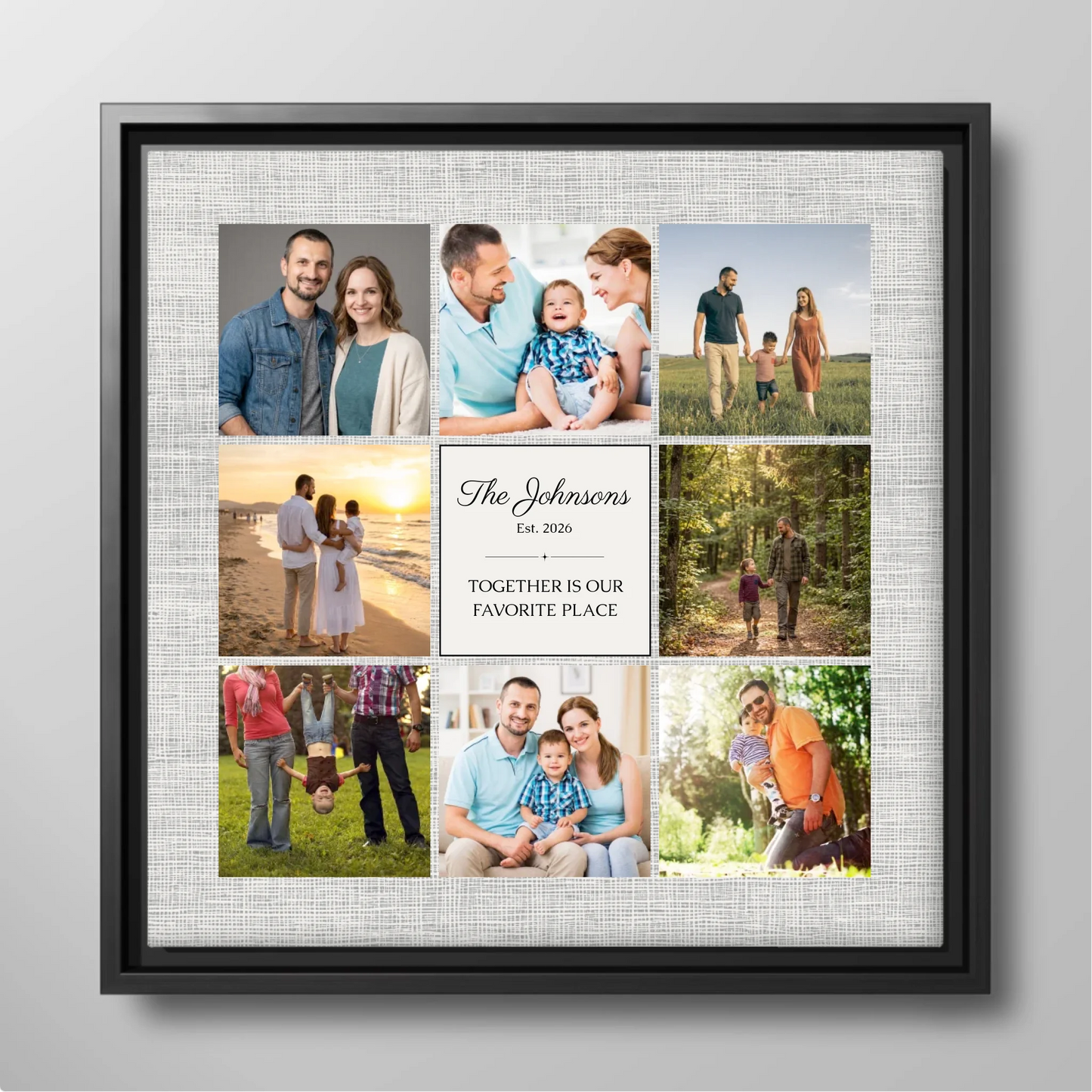 Square 9-Photo Family Collage Personalized Canvas Print with Established Date, Family Name & Custom Saying – Meaningful Wall Art