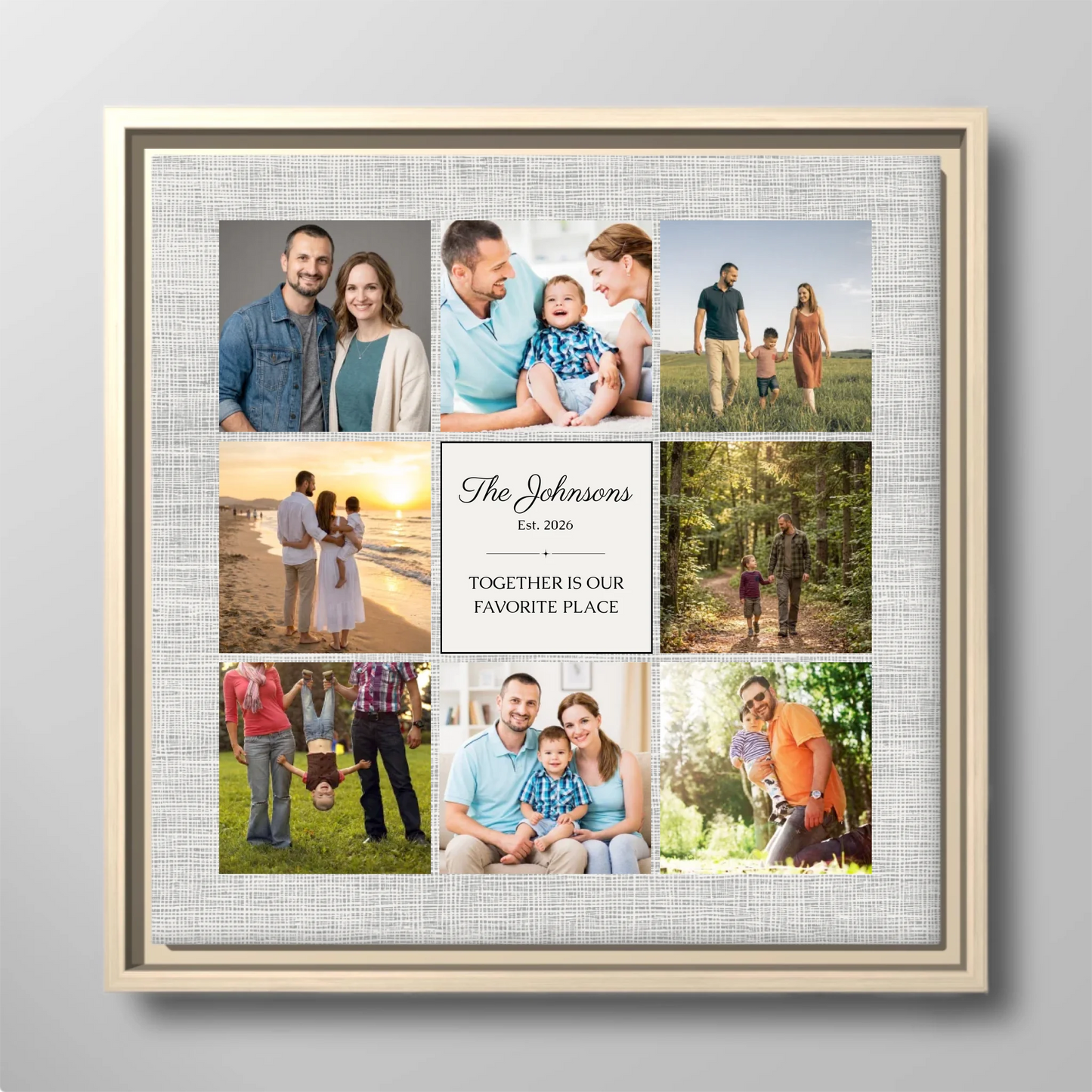 Square 9-Photo Family Collage Personalized Canvas Print with Established Date, Family Name & Custom Saying – Meaningful Wall Art