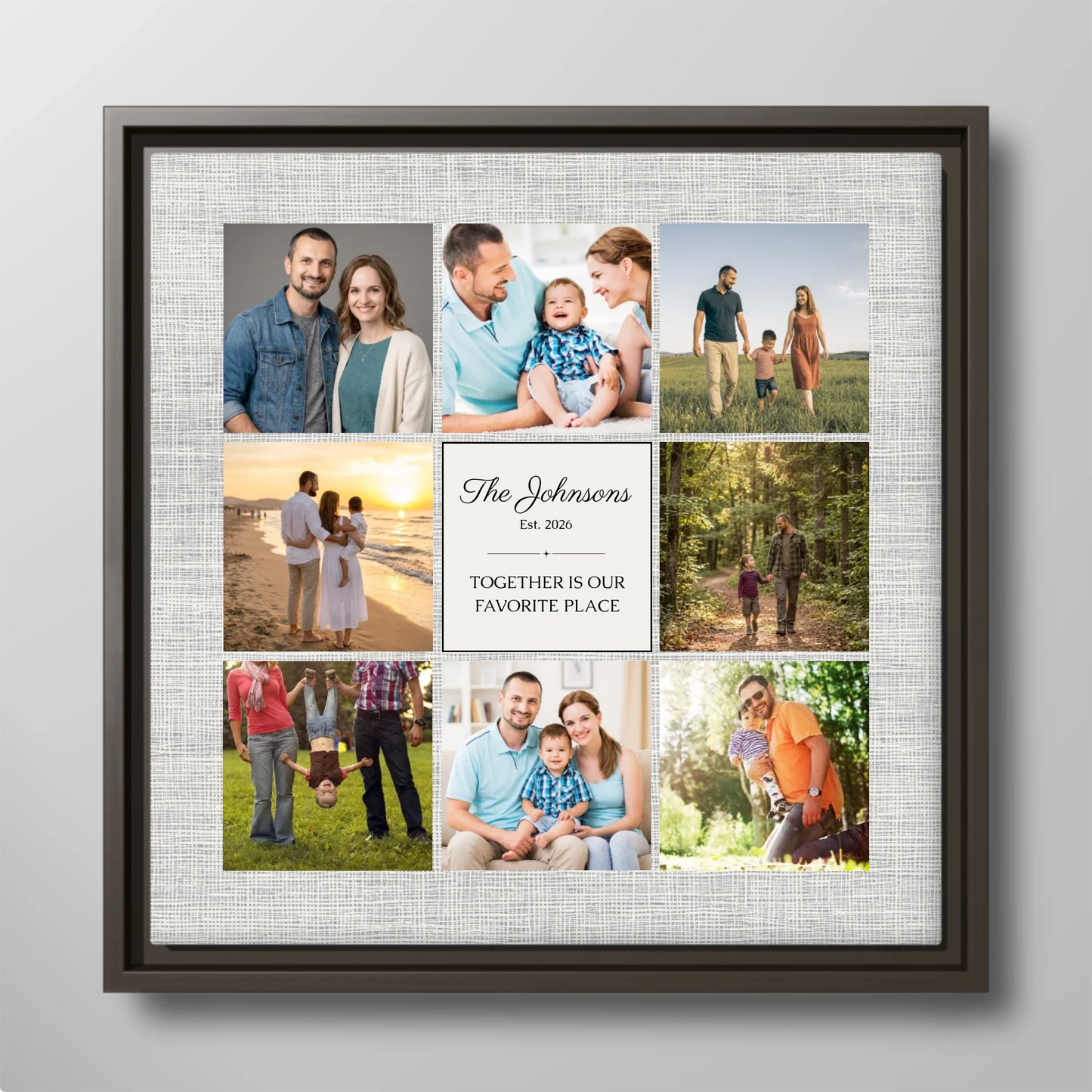 Square 9-Photo Family Collage Personalized Canvas Print with Established Date, Family Name & Custom Saying – Meaningful Wall Art