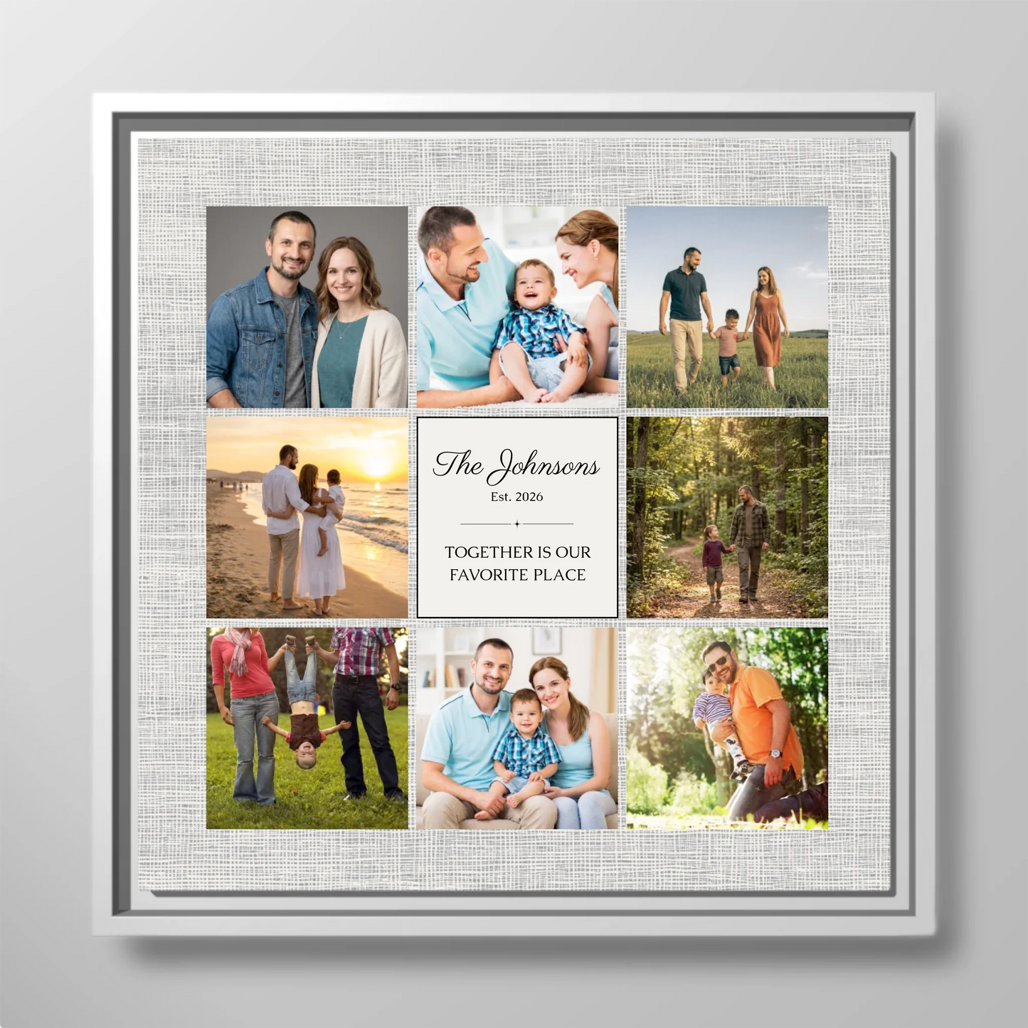 Square 9-Photo Family Collage Personalized Canvas Print with Established Date, Family Name & Custom Saying – Meaningful Wall Art