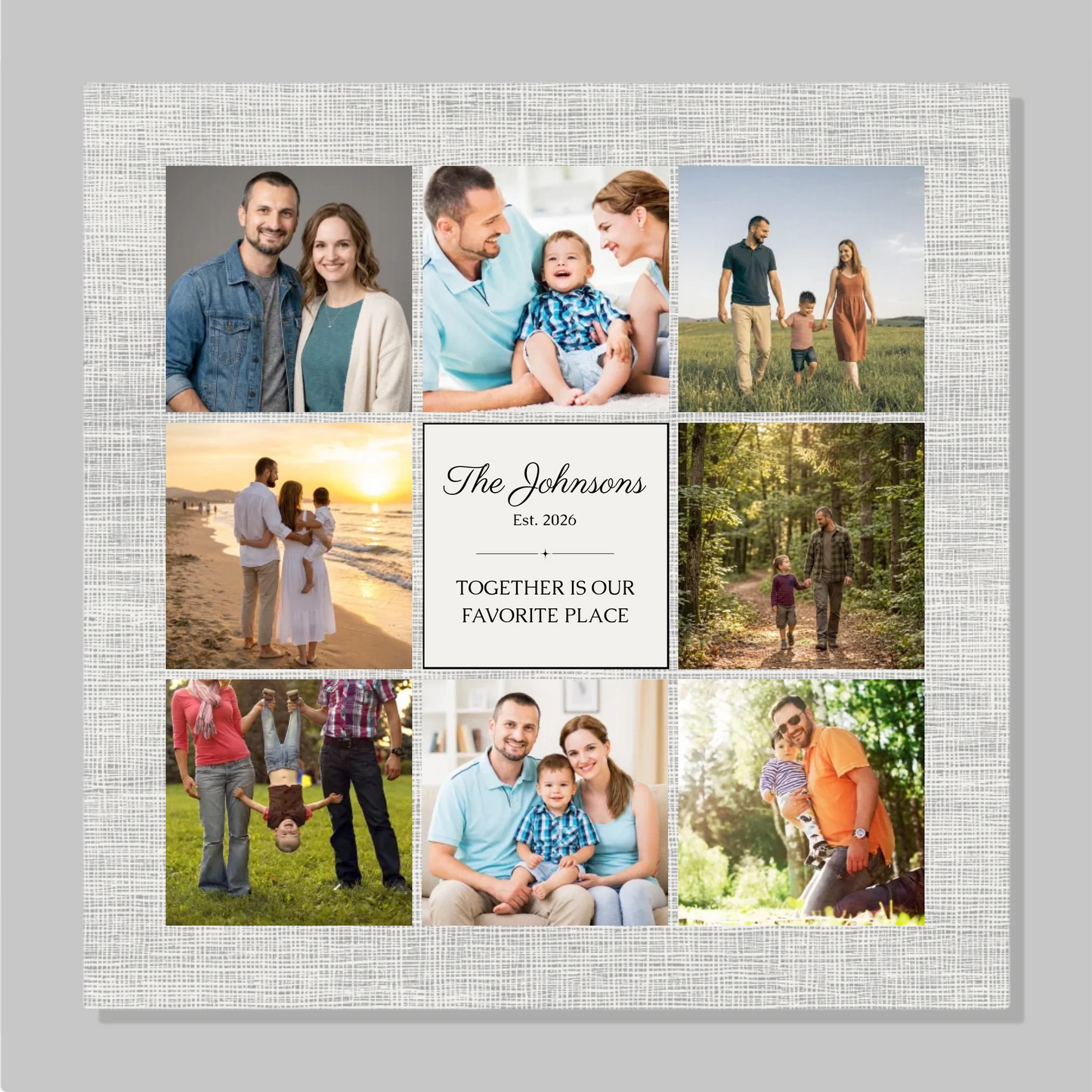 Square 9-Photo Family Collage Personalized Canvas Print with Established Date, Family Name & Custom Saying – Meaningful Wall Art