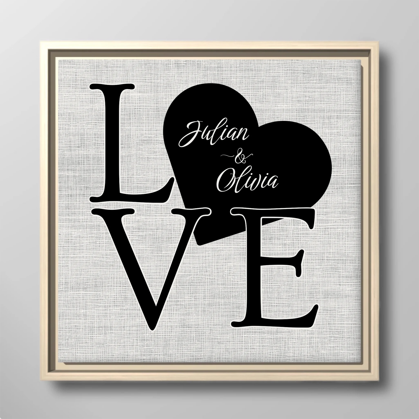 LOVE Canvas Print with Heart Custom Name Detail – Personalized Couple Names Romantic Wall Art Gift for Anniversary or Wedding