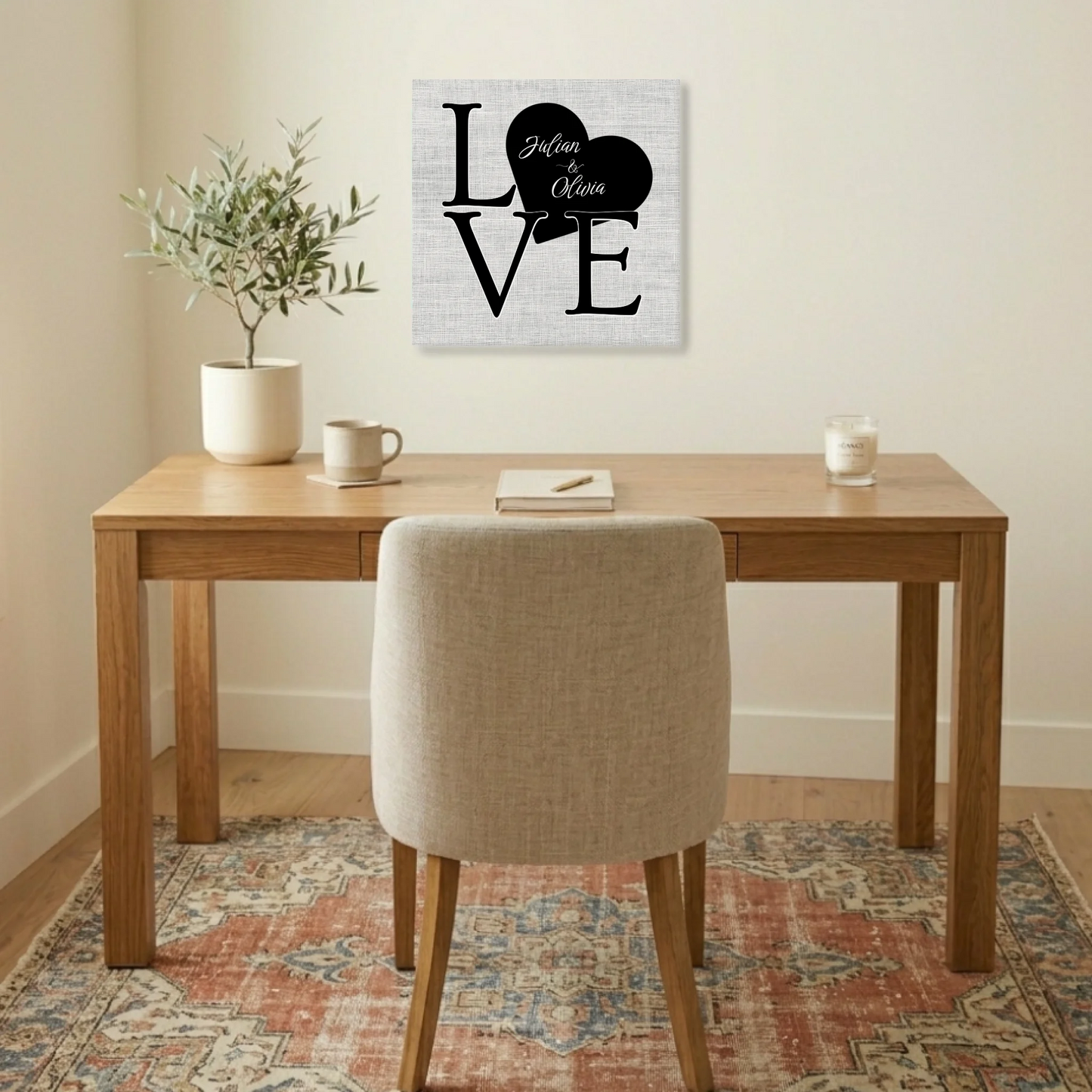 LOVE Canvas Print with Heart Custom Name Detail – Personalized Couple Names Romantic Wall Art Gift for Anniversary or Wedding