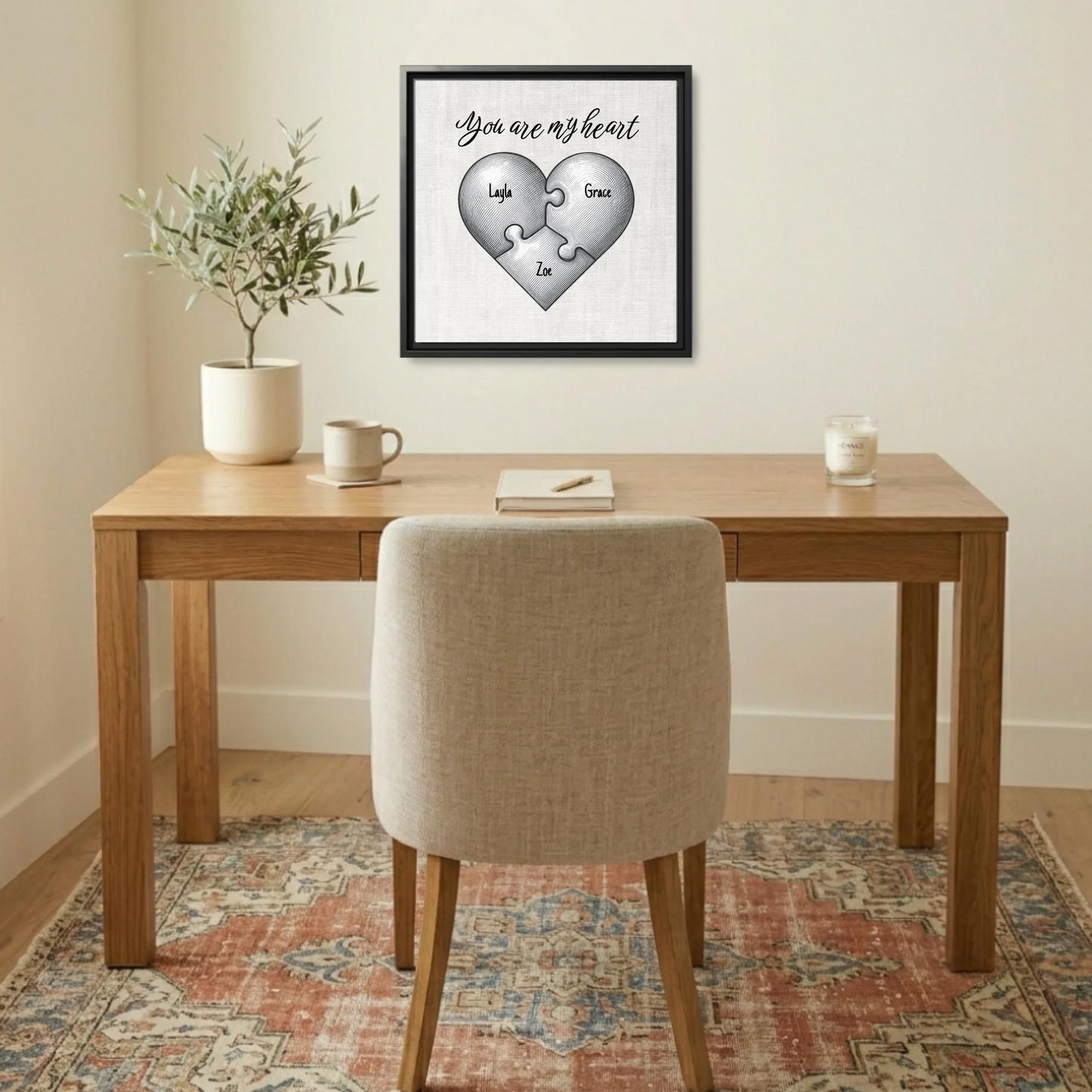 "You Are My Heart" Puzzle Canvas Print – Personalized Vintage Etching Heart-Shaped Puzzle Design with Custom Children's Names | Family Wall Art