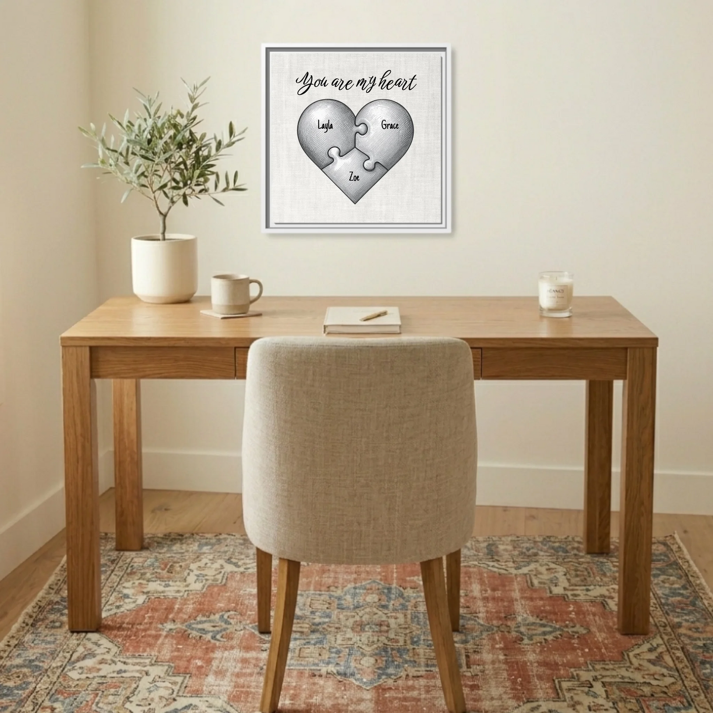 "You Are My Heart" Puzzle Canvas Print – Personalized Vintage Etching Heart-Shaped Puzzle Design with Custom Children's Names | Family Wall Art