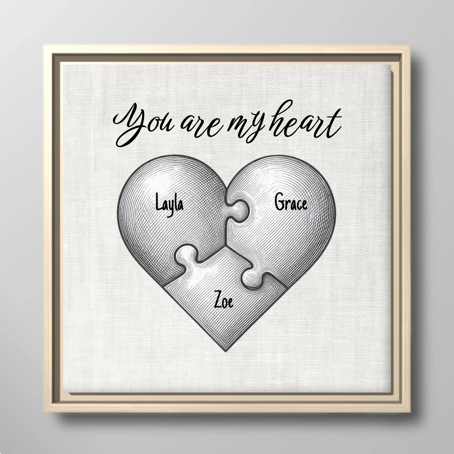 "You Are My Heart" Puzzle Canvas Print – Personalized Vintage Etching Heart-Shaped Puzzle Design with Custom Children's Names | Family Wall Art