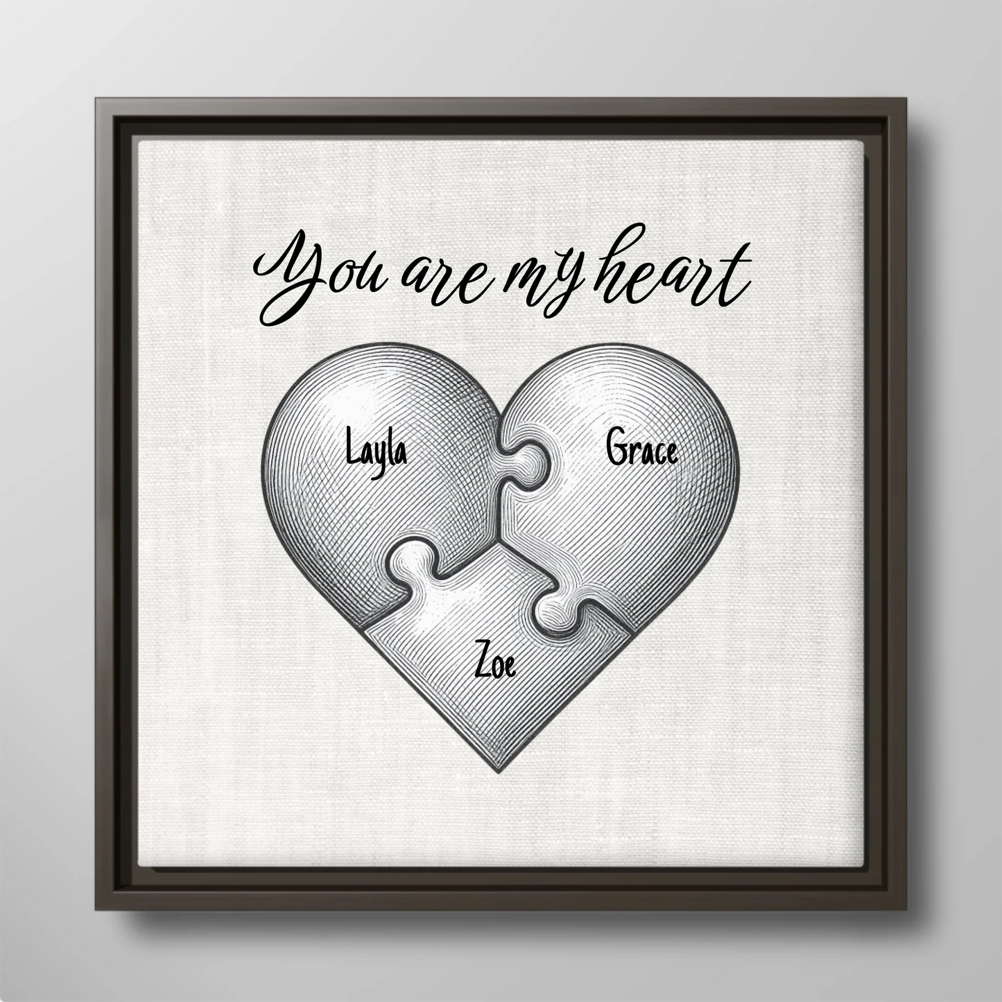 "You Are My Heart" Puzzle Canvas Print – Personalized Vintage Etching Heart-Shaped Puzzle Design with Custom Children's Names | Family Wall Art