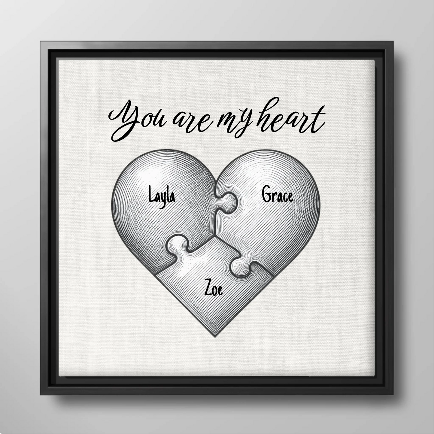 "You Are My Heart" Puzzle Canvas Print – Personalized Vintage Etching Heart-Shaped Puzzle Design with Custom Children's Names | Family Wall Art