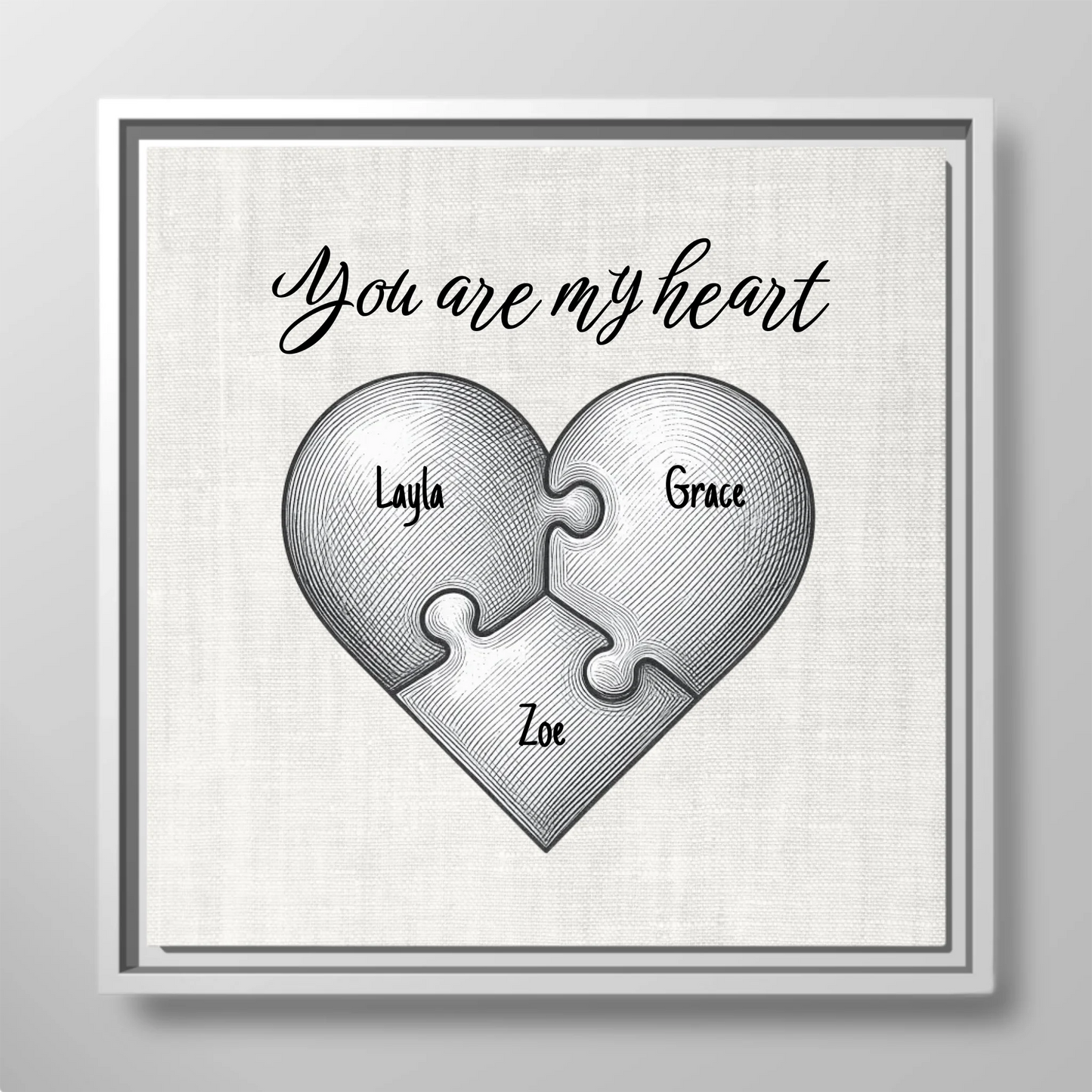 "You Are My Heart" Puzzle Canvas Print – Personalized Vintage Etching Heart-Shaped Puzzle Design with Custom Children's Names | Family Wall Art