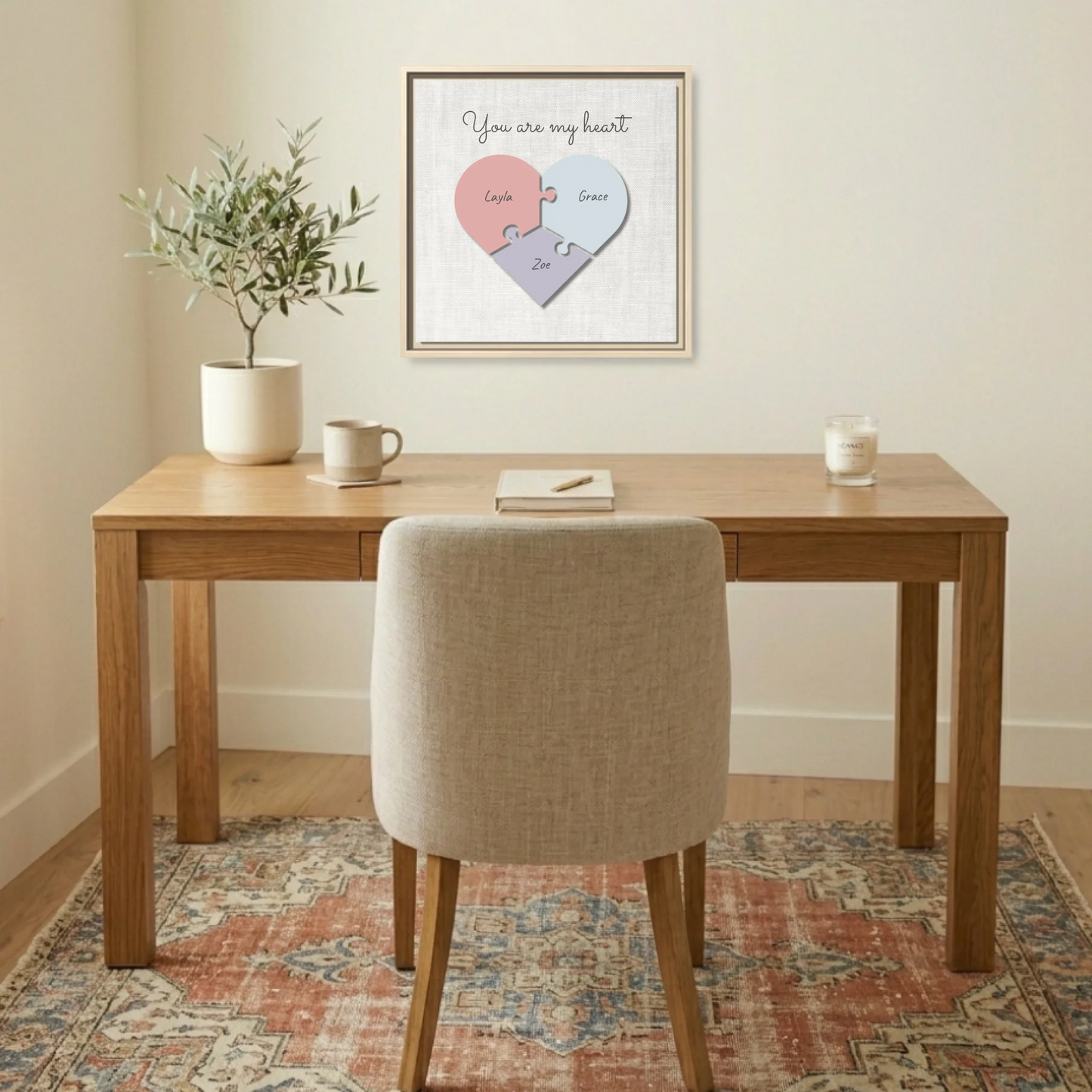 "You Are My Heart" Puzzle Canvas Print – Personalized Pastel Heart-Shaped Puzzle Design with Custom Children's Names | Family Wall Art