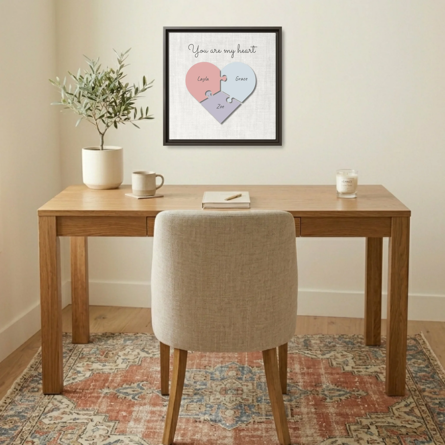 "You Are My Heart" Puzzle Canvas Print – Personalized Pastel Heart-Shaped Puzzle Design with Custom Children's Names | Family Wall Art
