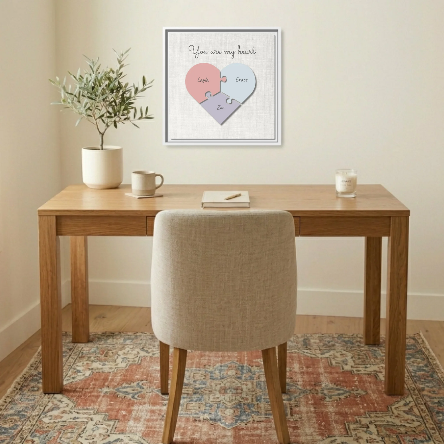 "You Are My Heart" Puzzle Canvas Print – Personalized Pastel Heart-Shaped Puzzle Design with Custom Children's Names | Family Wall Art