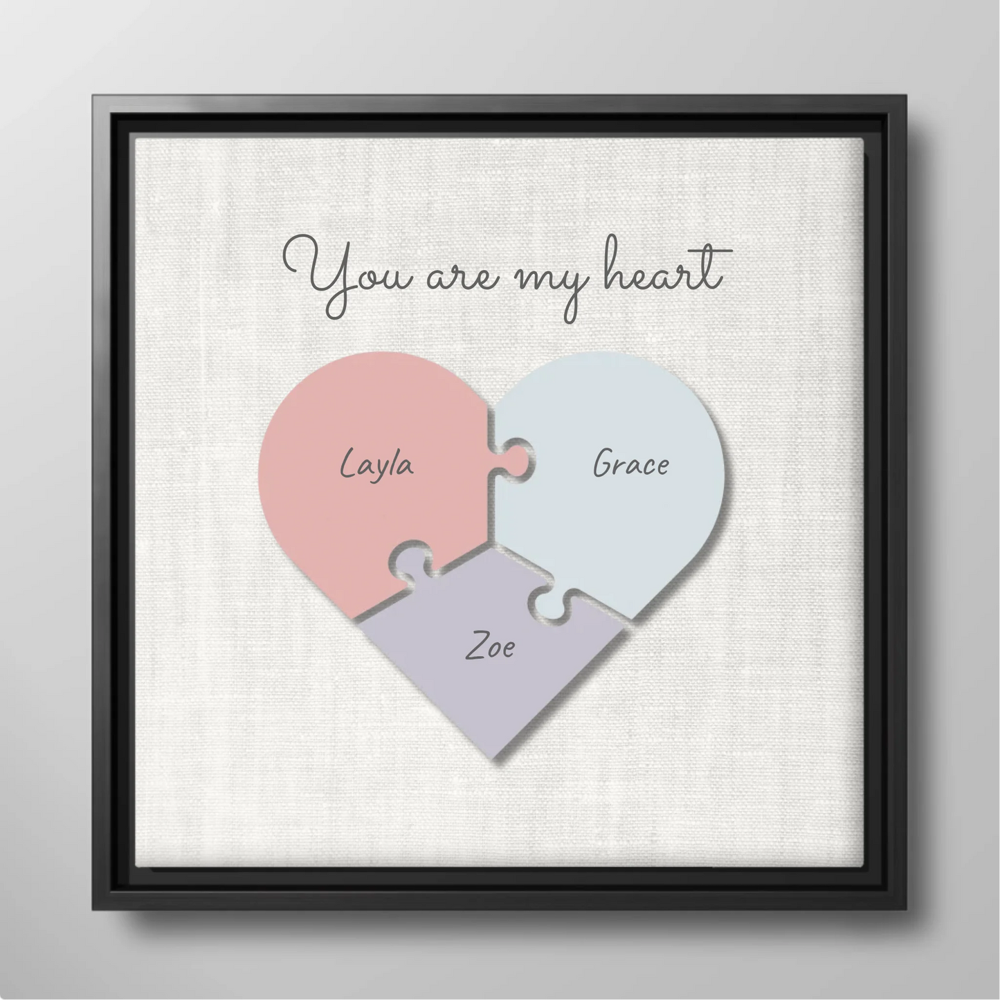 "You Are My Heart" Puzzle Canvas Print – Personalized Pastel Heart-Shaped Puzzle Design with Custom Children's Names | Family Wall Art