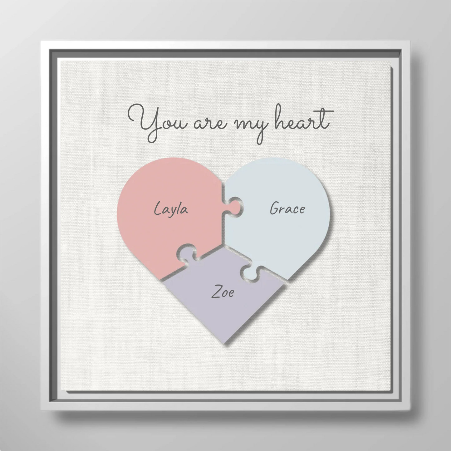 "You Are My Heart" Puzzle Canvas Print – Personalized Pastel Heart-Shaped Puzzle Design with Custom Children's Names | Family Wall Art