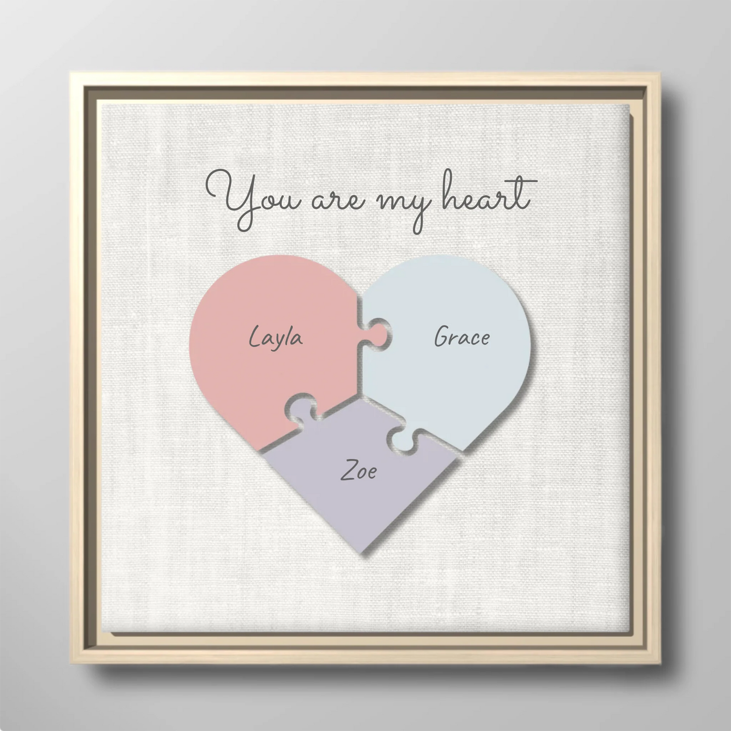 "You Are My Heart" Puzzle Canvas Print – Personalized Pastel Heart-Shaped Puzzle Design with Custom Children's Names | Family Wall Art
