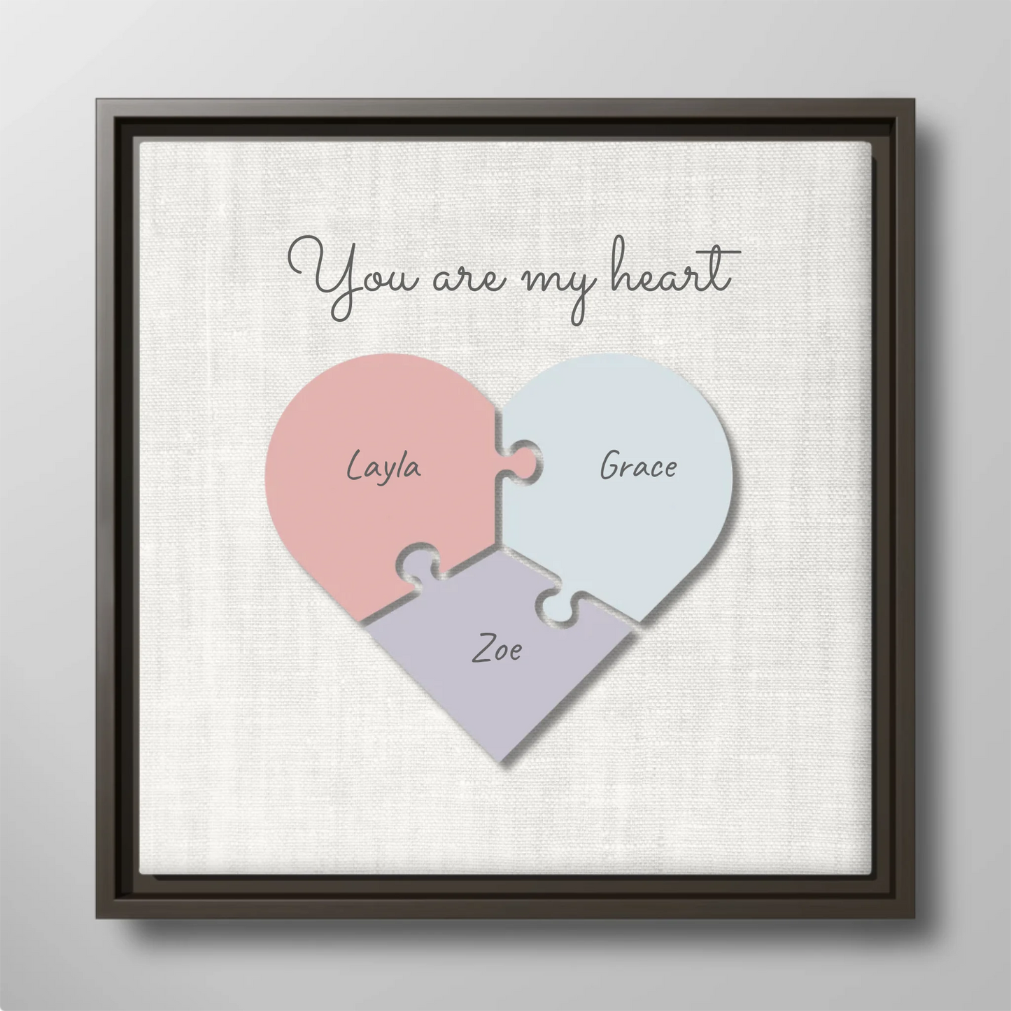 "You Are My Heart" Puzzle Canvas Print – Personalized Pastel Heart-Shaped Puzzle Design with Custom Children's Names | Family Wall Art