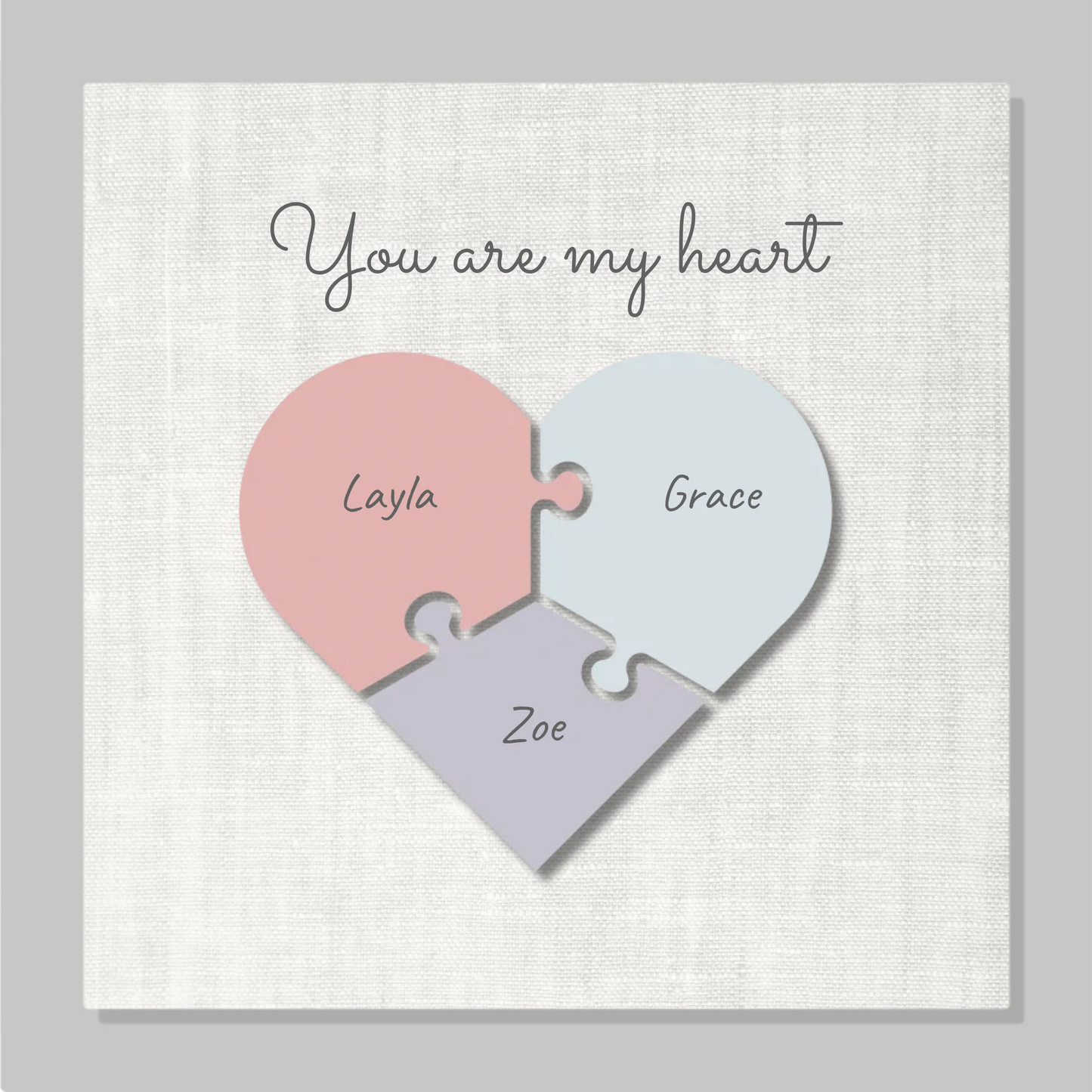 "You Are My Heart" Puzzle Canvas Print – Personalized Pastel Heart-Shaped Puzzle Design with Custom Children's Names | Family Wall Art