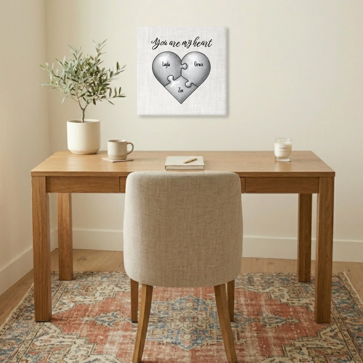 "You Are My Heart" Puzzle Canvas Print – Personalized Vintage Etching Heart-Shaped Puzzle Design with Custom Children's Names | Family Wall Art