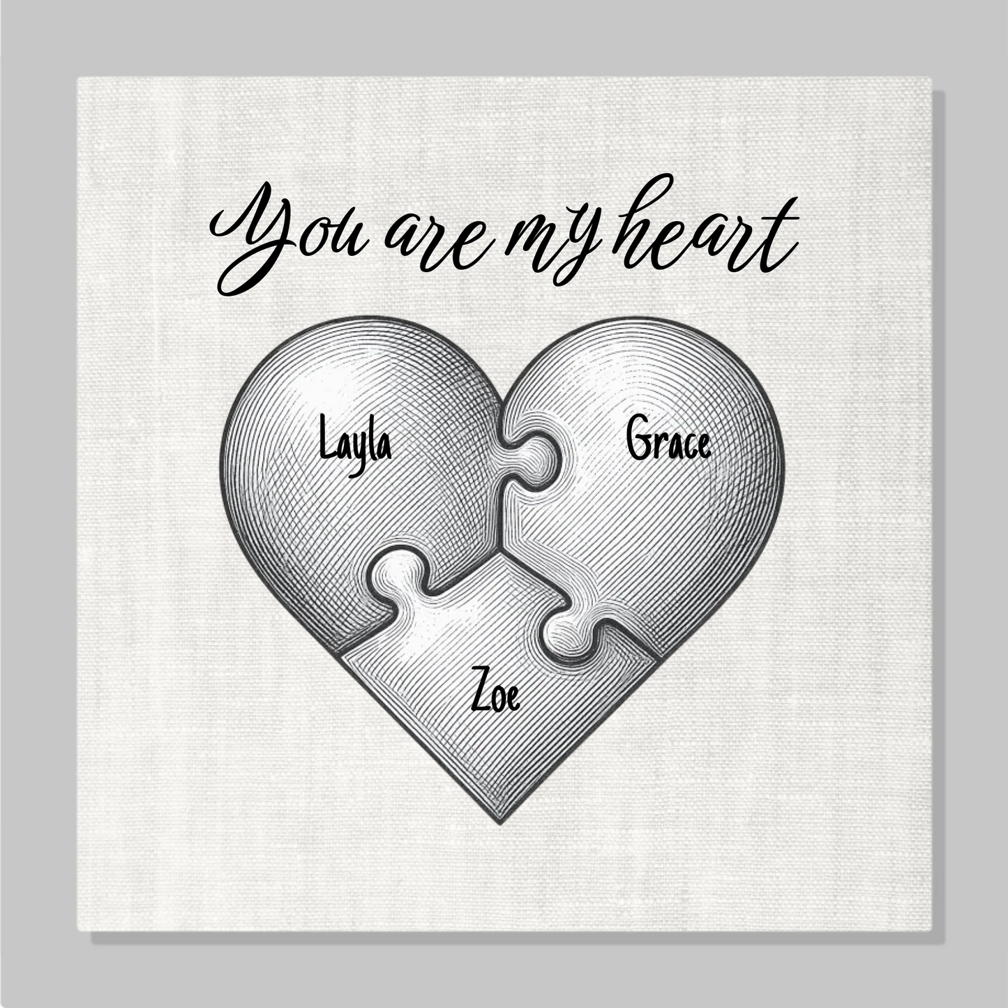 "You Are My Heart" Puzzle Canvas Print – Personalized Vintage Etching Heart-Shaped Puzzle Design with Custom Children's Names | Family Wall Art