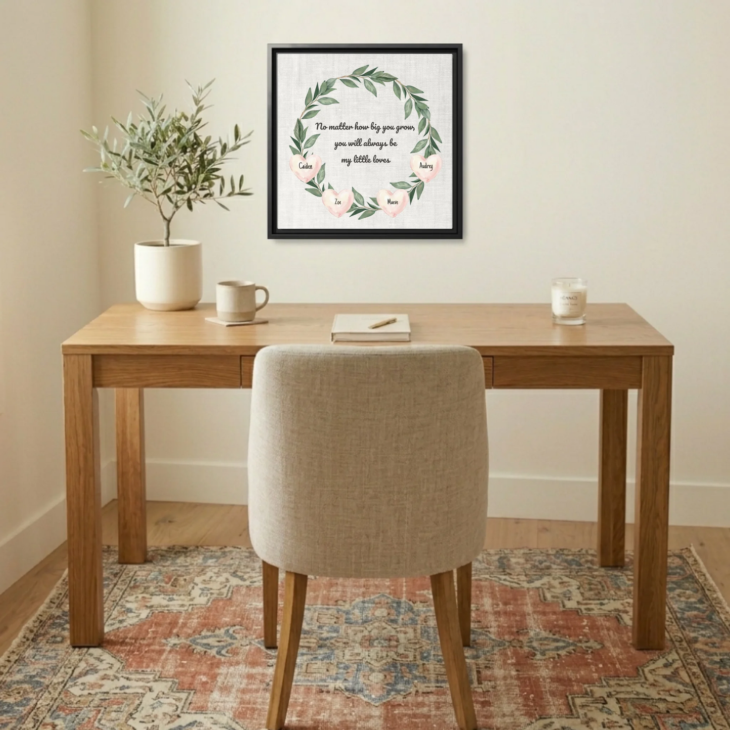 Personalized Children Name Canvas for Mom – Custom Family Wall Art with Kids Names, Watercolor Greenery and Hearts Wreath Sign, Gift from Mom to Children