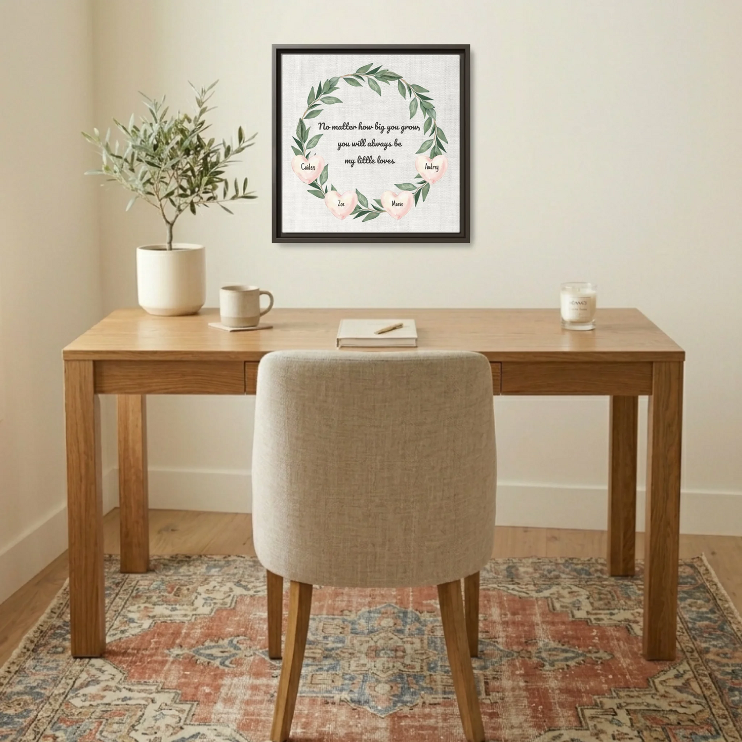 Personalized Children Name Canvas for Mom – Custom Family Wall Art with Kids Names, Watercolor Greenery and Hearts Wreath Sign, Gift from Mom to Children