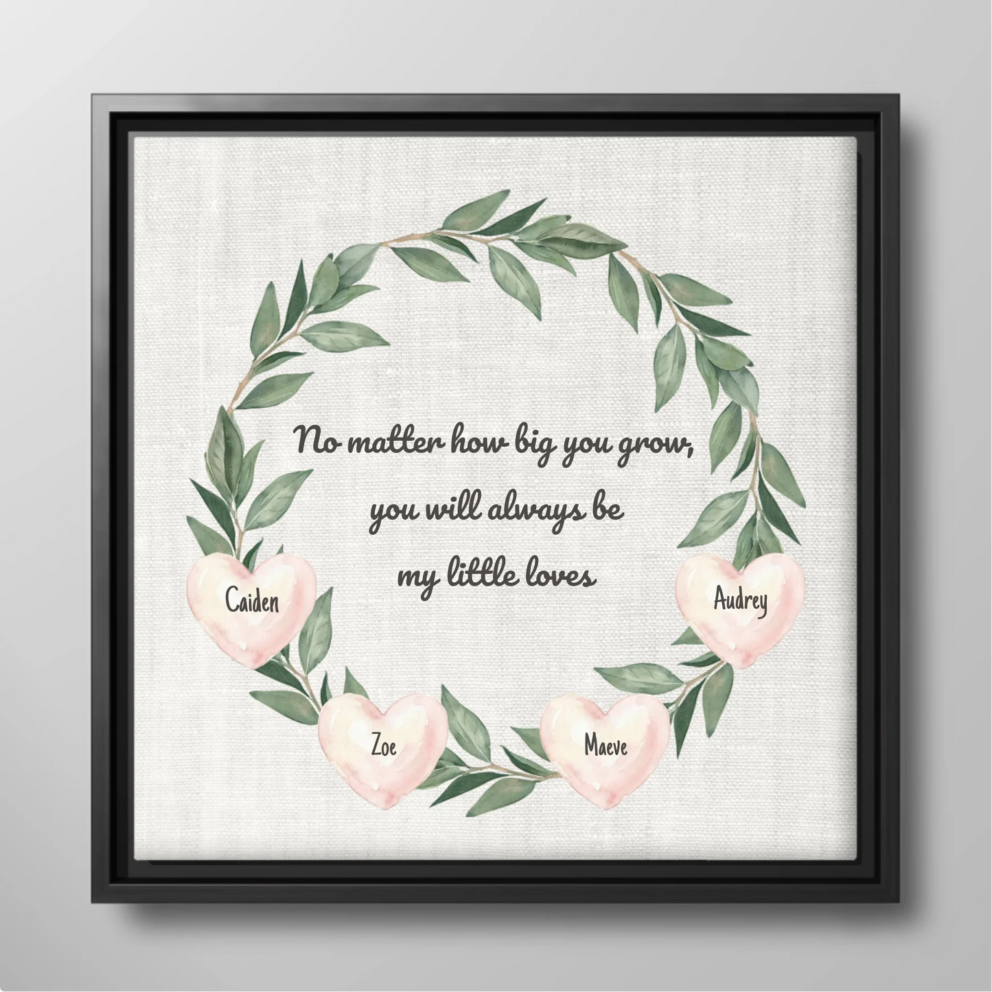 Personalized Children Name Canvas for Mom – Custom Family Wall Art with Kids Names, Watercolor Greenery and Hearts Wreath Sign, Gift from Mom to Children