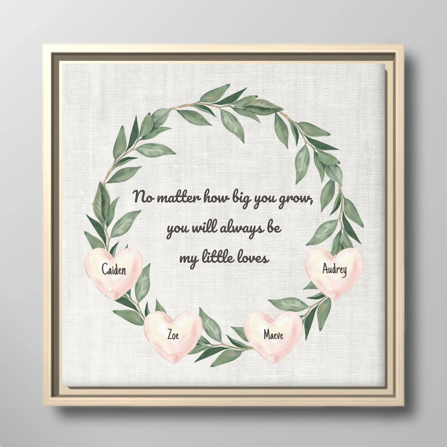 Personalized Children Name Canvas for Mom – Custom Family Wall Art with Kids Names, Watercolor Greenery and Hearts Wreath Sign, Gift from Mom to Children