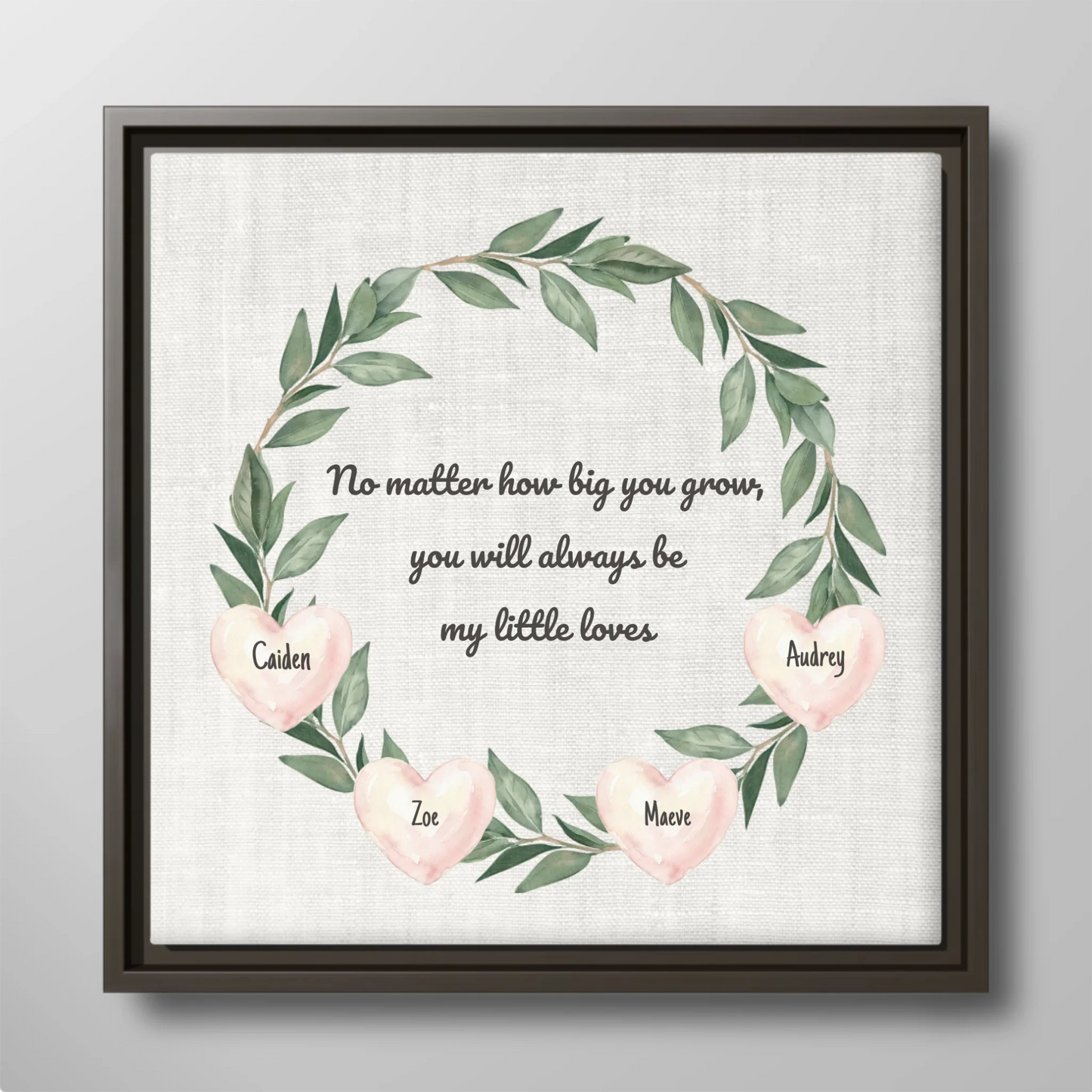 Personalized Children Name Canvas for Mom – Custom Family Wall Art with Kids Names, Watercolor Greenery and Hearts Wreath Sign, Gift from Mom to Children