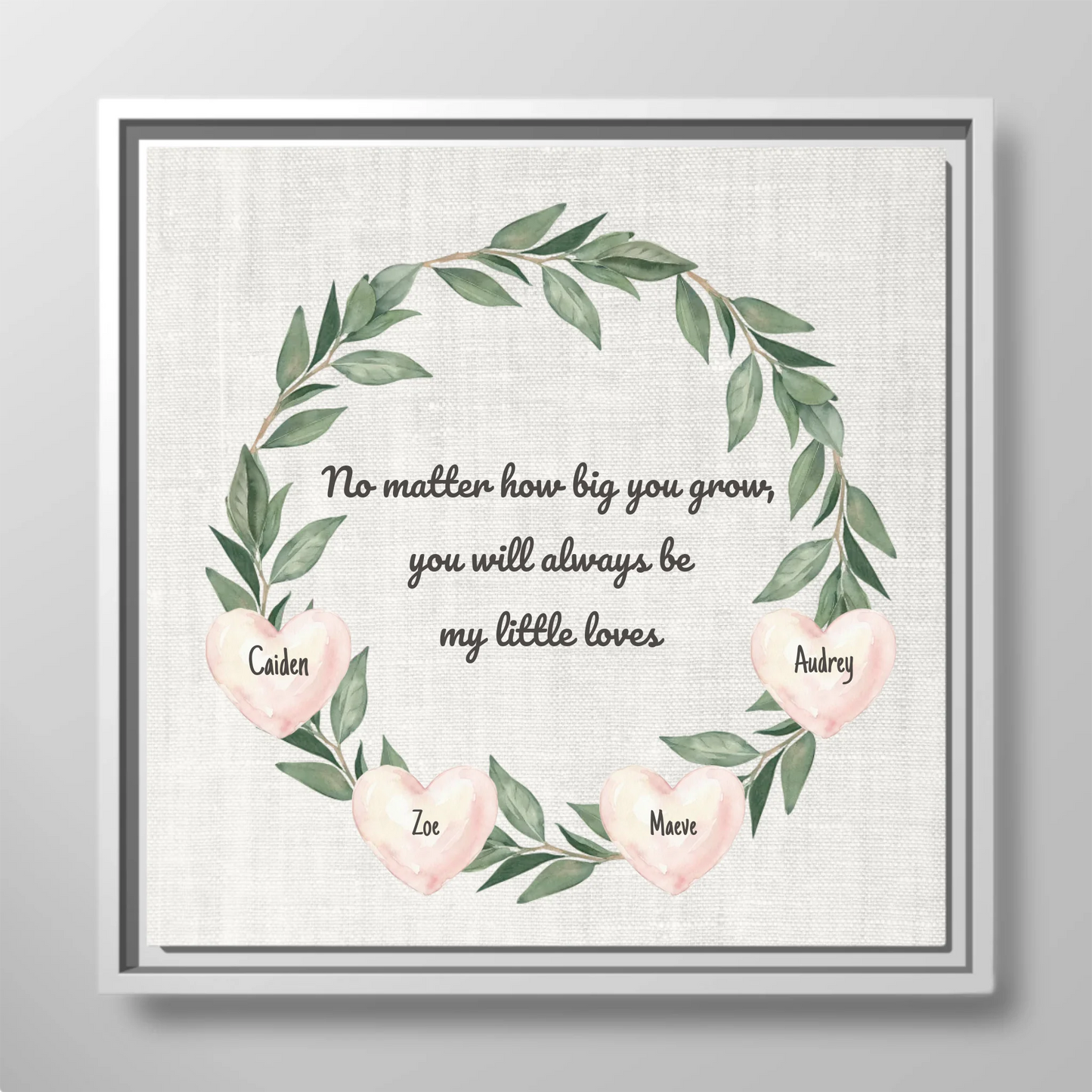 Personalized Children Name Canvas for Mom – Custom Family Wall Art with Kids Names, Watercolor Greenery and Hearts Wreath Sign, Gift from Mom to Children