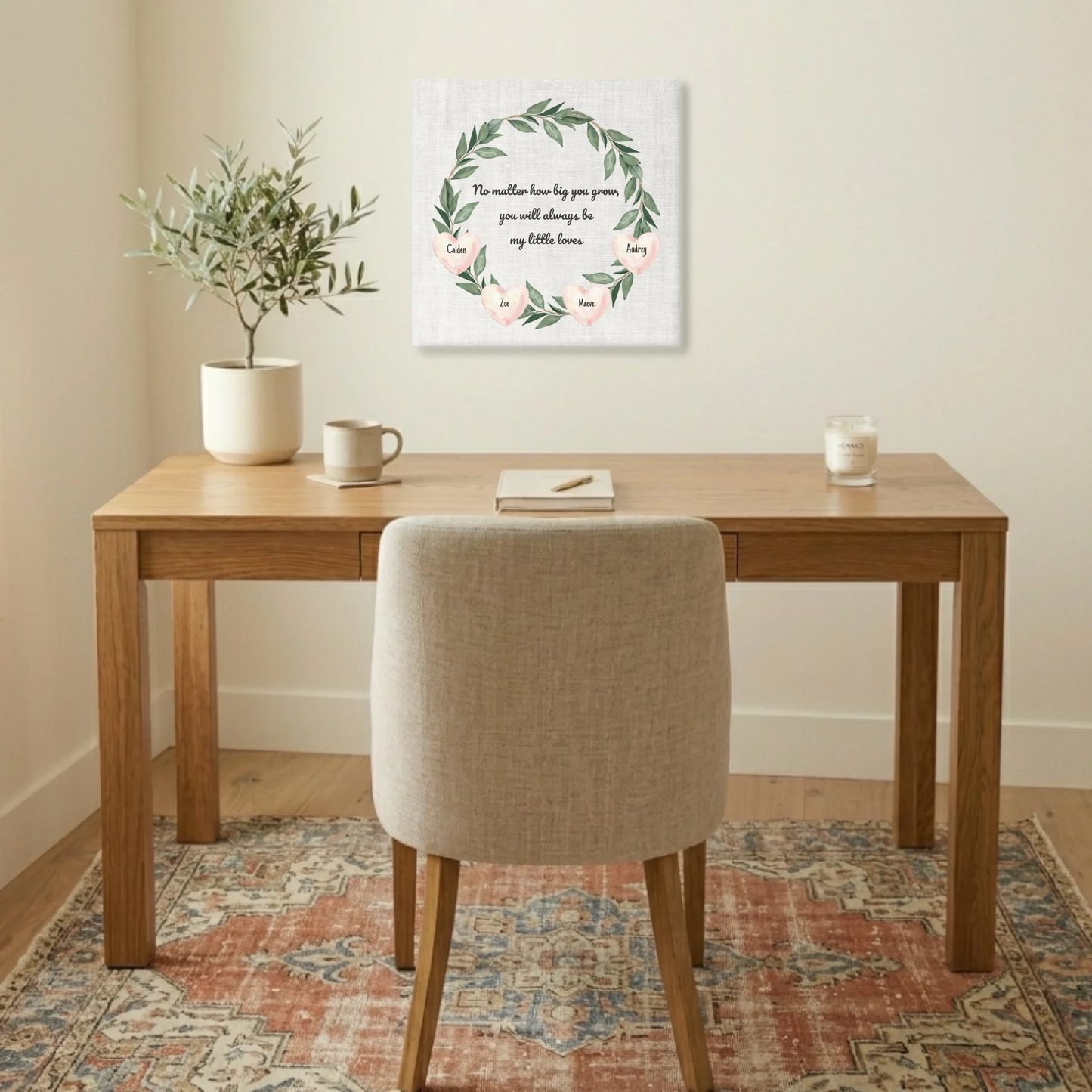 Personalized Children Name Canvas for Mom – Custom Family Wall Art with Kids Names, Watercolor Greenery and Hearts Wreath Sign, Gift from Mom to Children