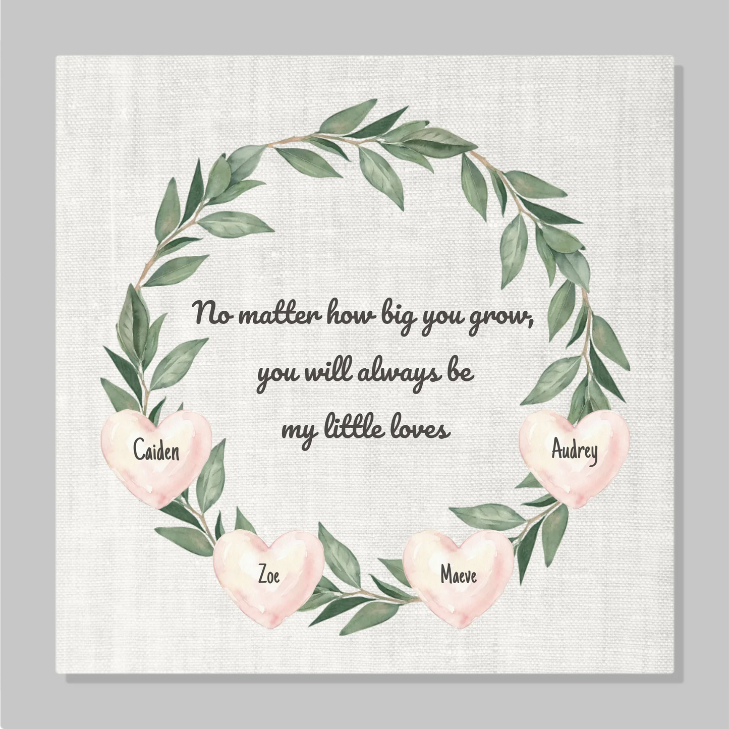 Personalized Children Name Canvas for Mom – Custom Family Wall Art with Kids Names, Watercolor Greenery and Hearts Wreath Sign, Gift from Mom to Children